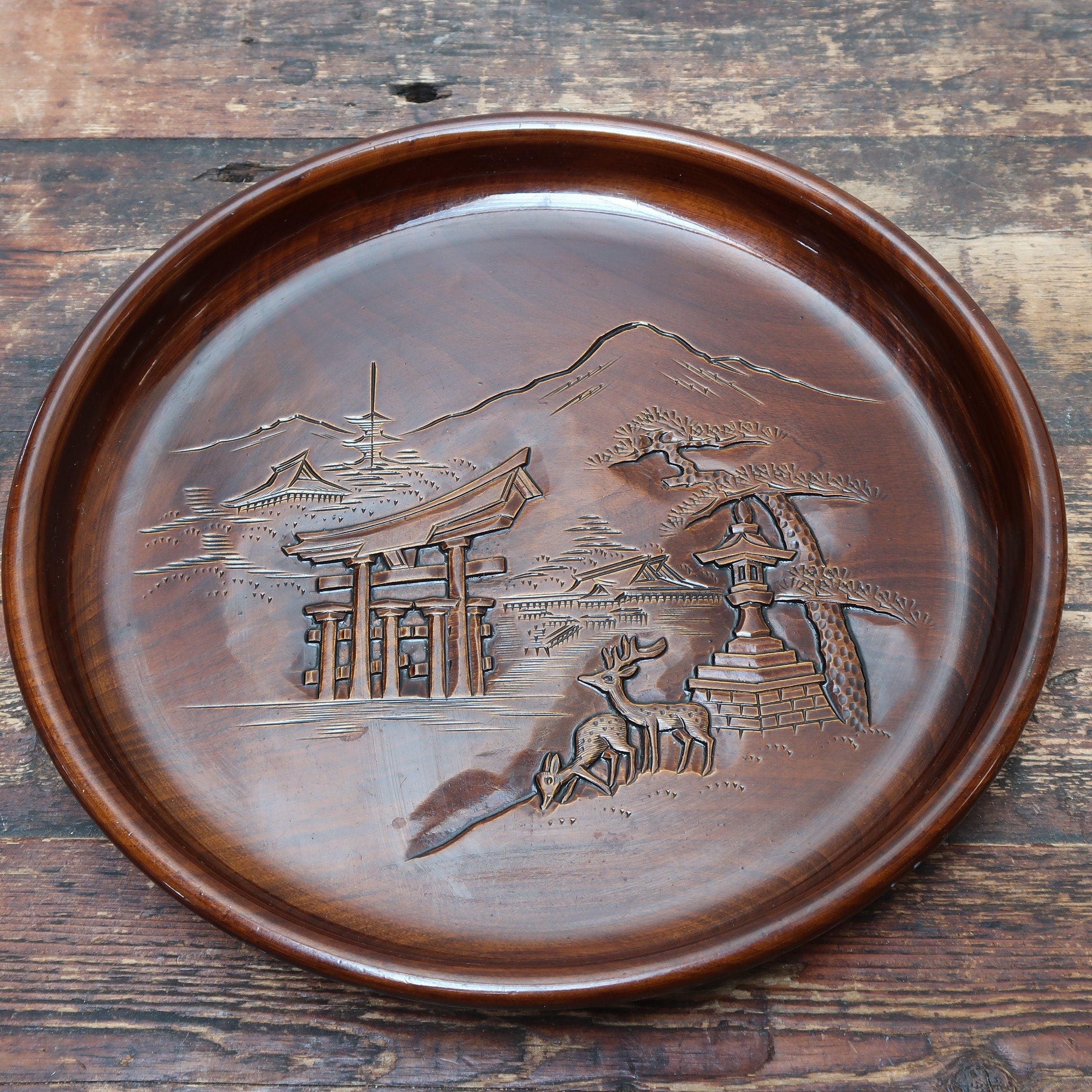 Japanese OBON Tray Hand Carved Miyajimabori 12.5" x 12.5" x 1.5" Vintage