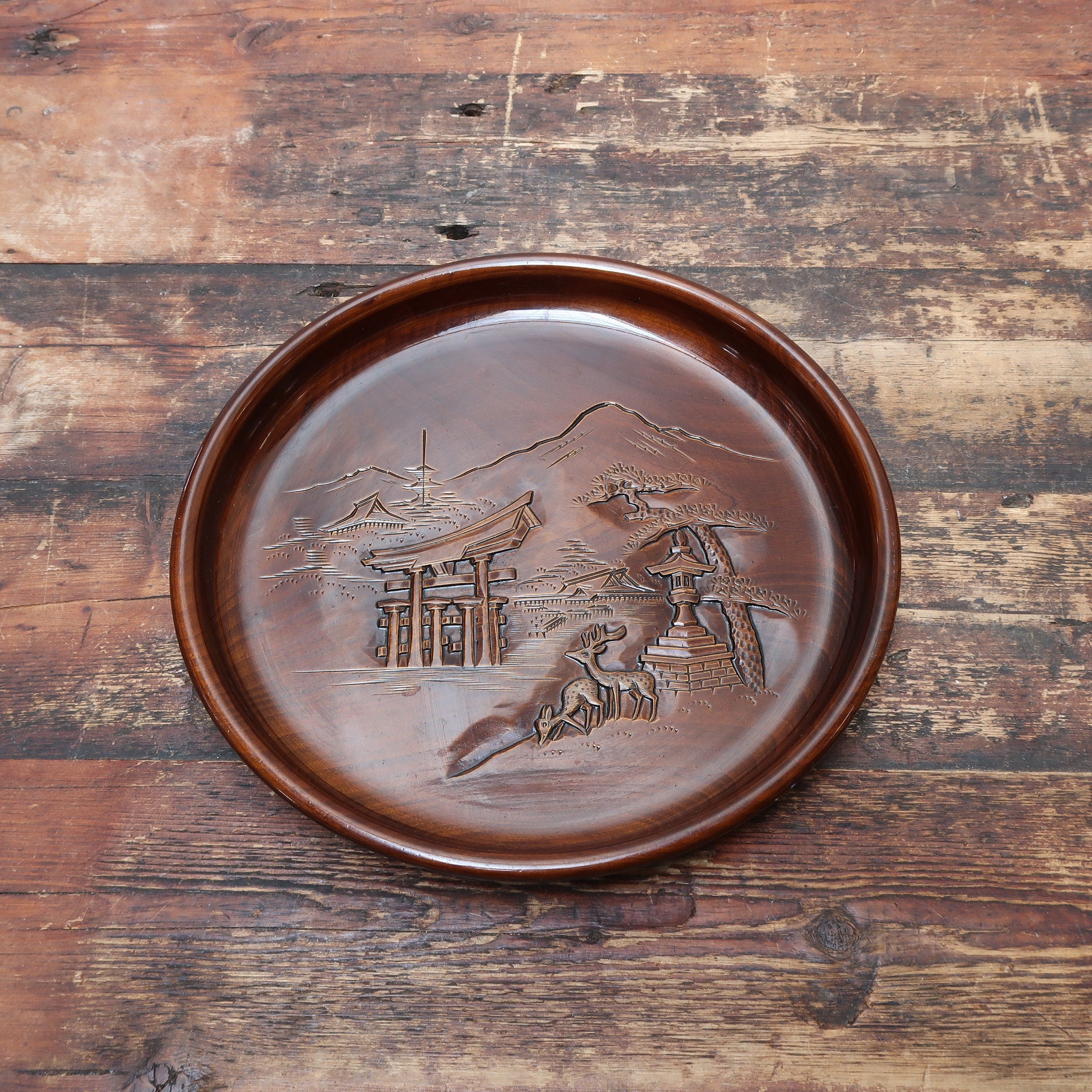 Japanese OBON Tray Hand Carved Miyajimabori 12.5" x 12.5" x 1.5" Vintage