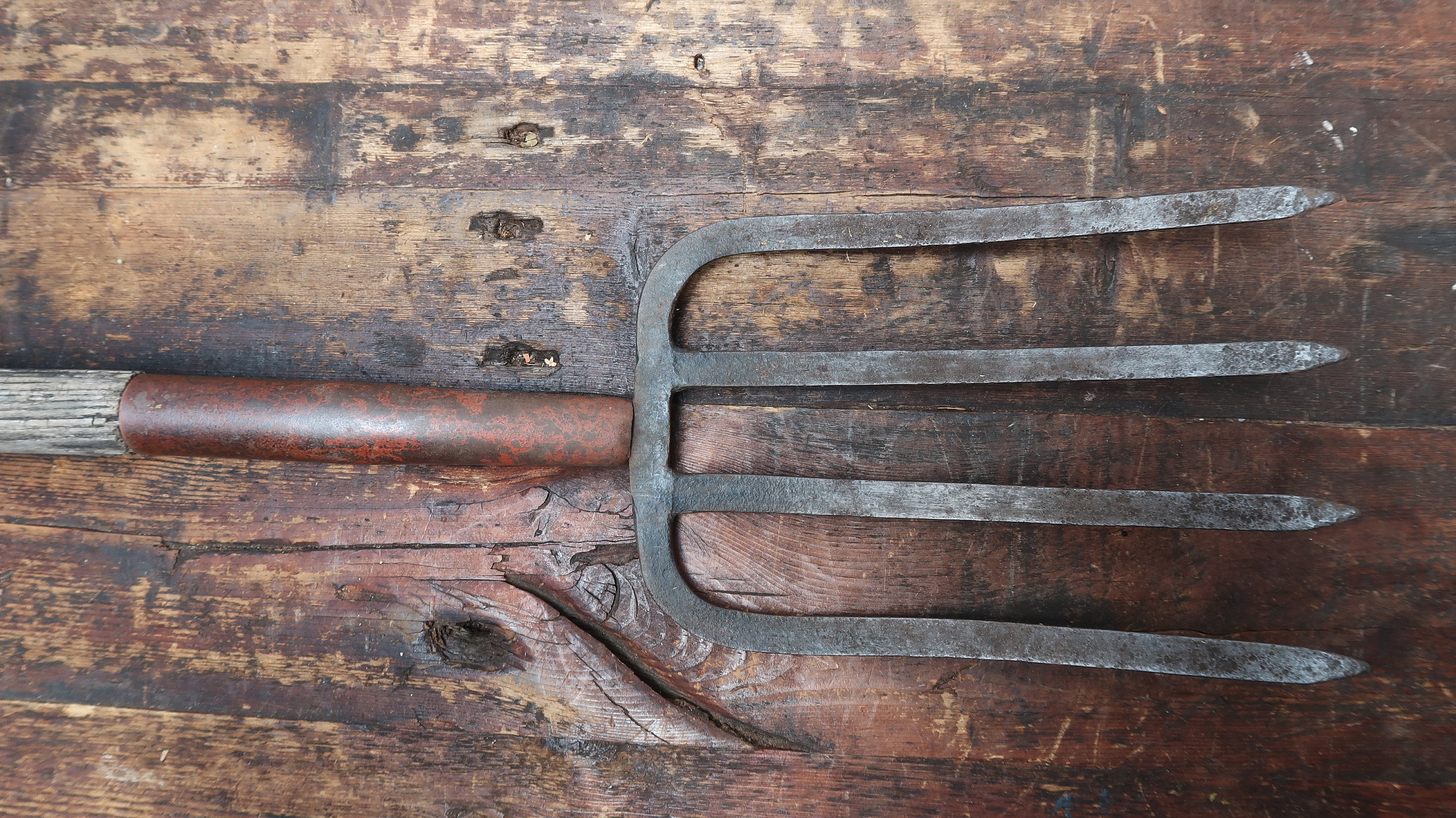 Set of 2 Besom Broom & Four Prong Pitchfork Vintage Gardening Tools