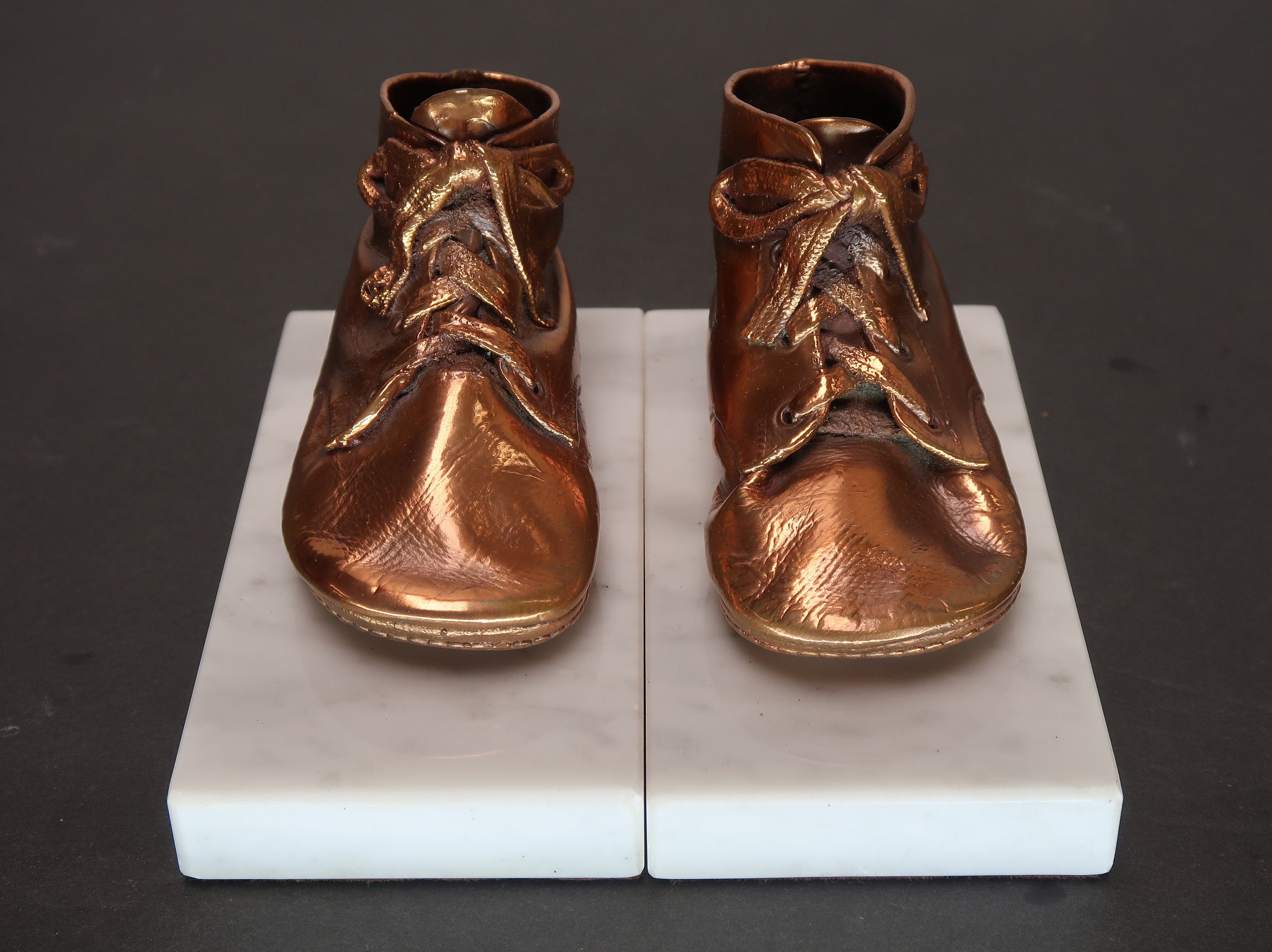 Pair Bronzed Baby Shoes on Marble Base 6" x 3" x H 3.5" Made In Italy Vintage