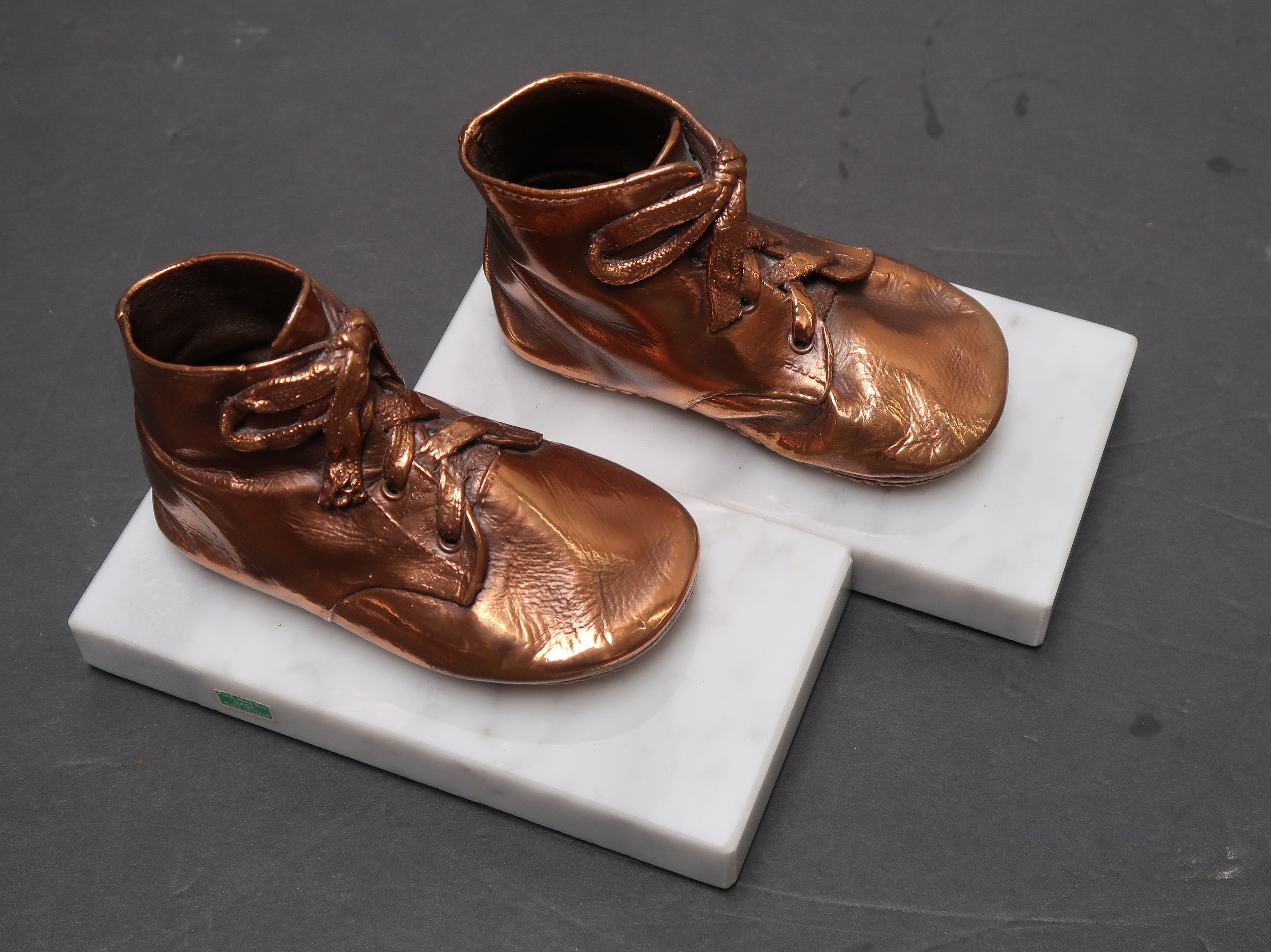 Pair Bronzed Baby Shoes on Marble Base 6" x 3" x H 3.5" Made In Italy Vintage