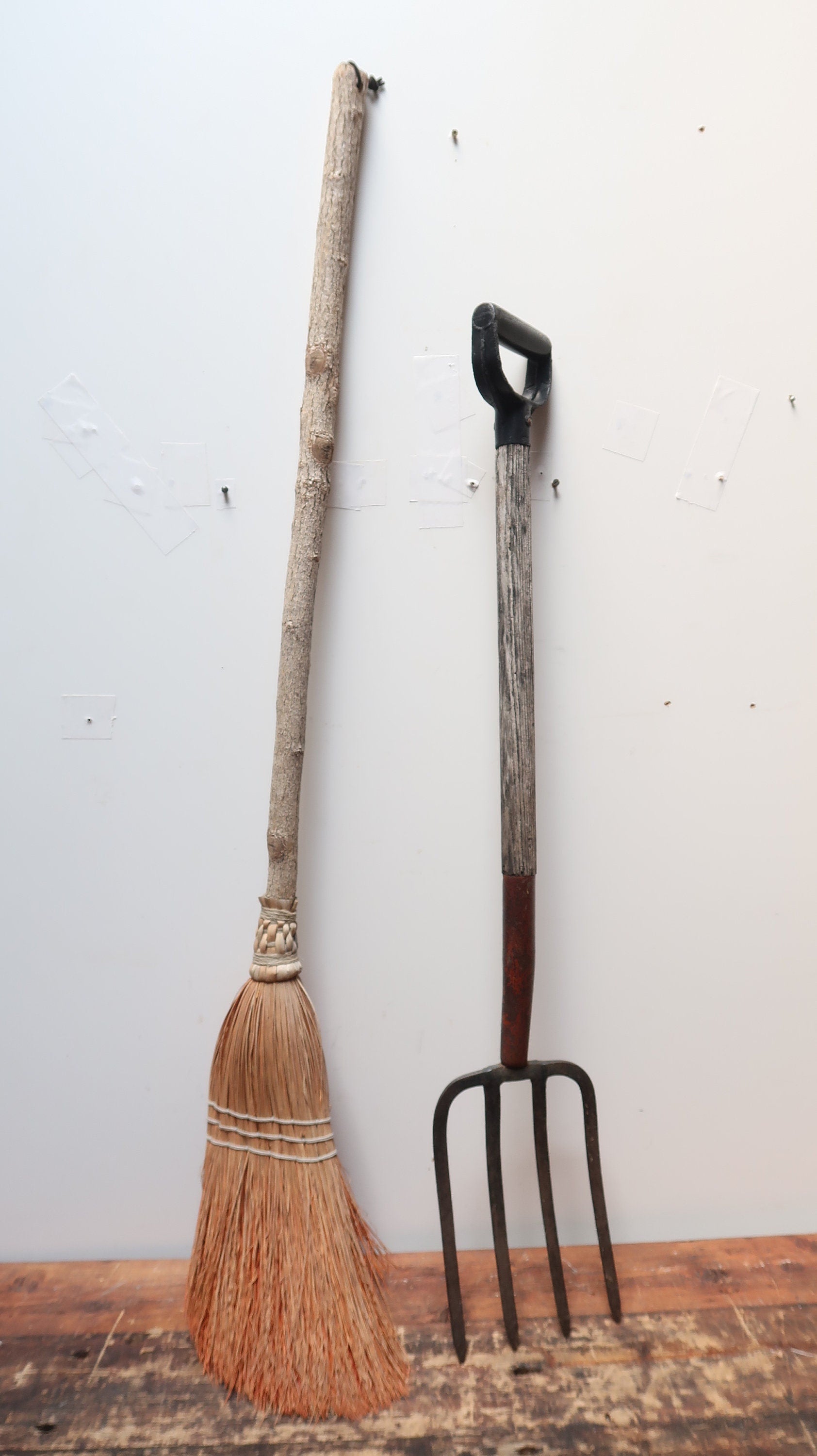 Set of 2 Besom Broom & Four Prong Pitchfork Vintage Gardening Tools