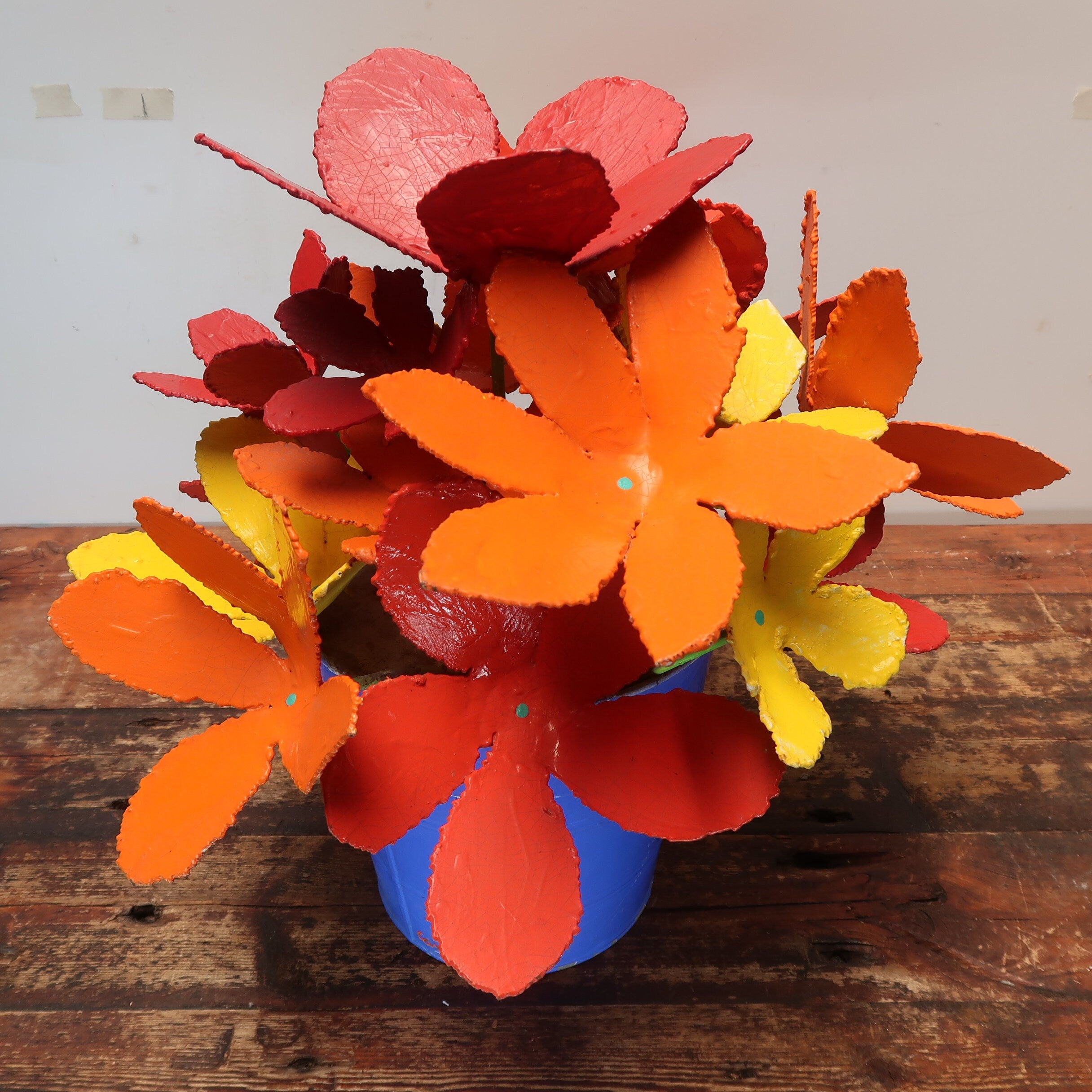 Colorful Iron Flowers In Blue Metal Bucket Garden Yard Sculpture Signed (Local Pickup)