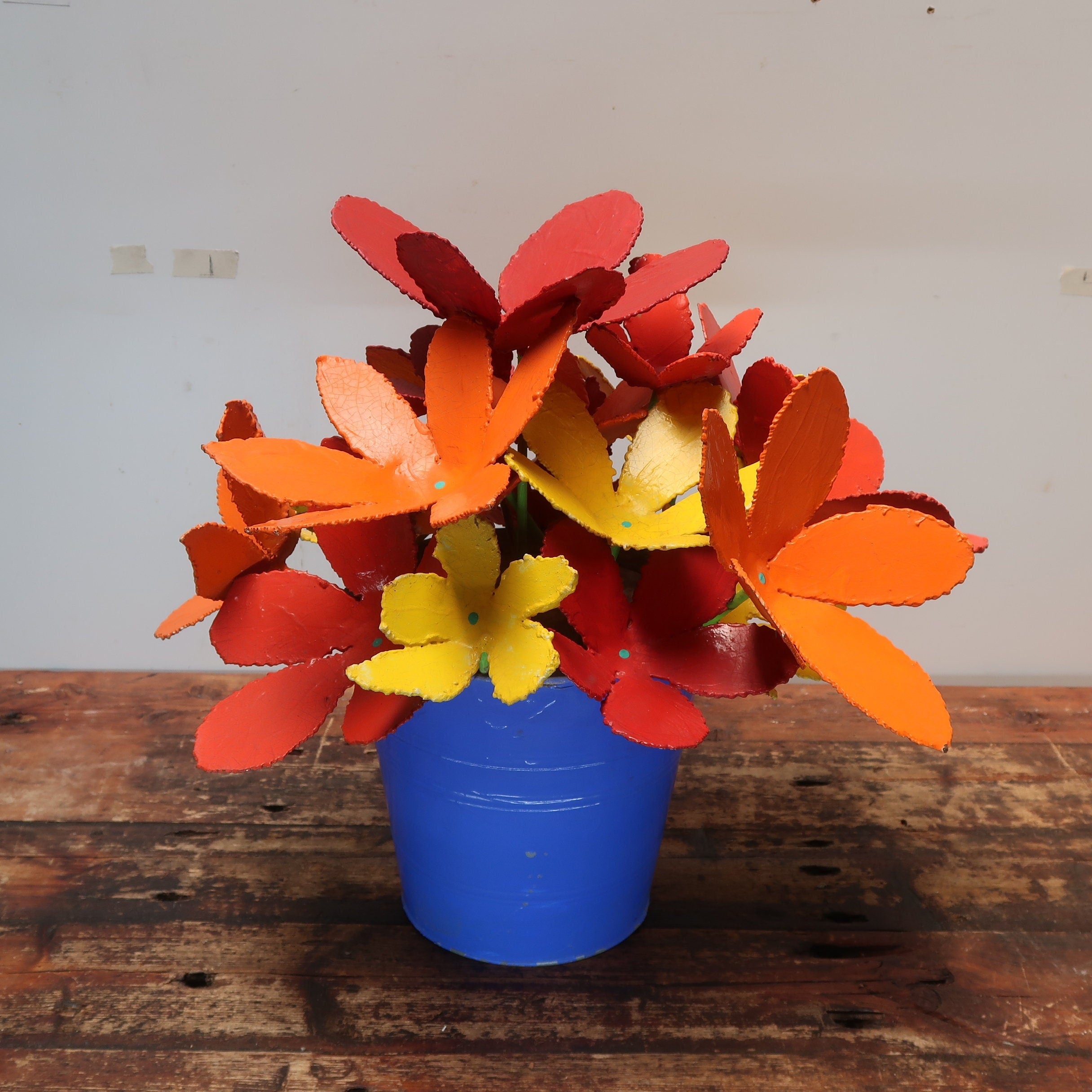Colorful Iron Flowers In Blue Metal Bucket Garden Yard Sculpture Signed (Local Pickup)