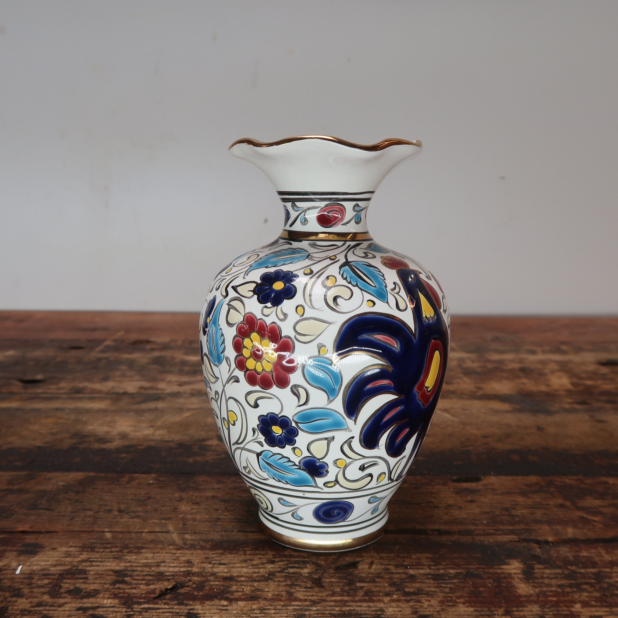 Manousakis Keramik Rodos Greece Greek Ceramic Vase Navy Roosters H 6.5"