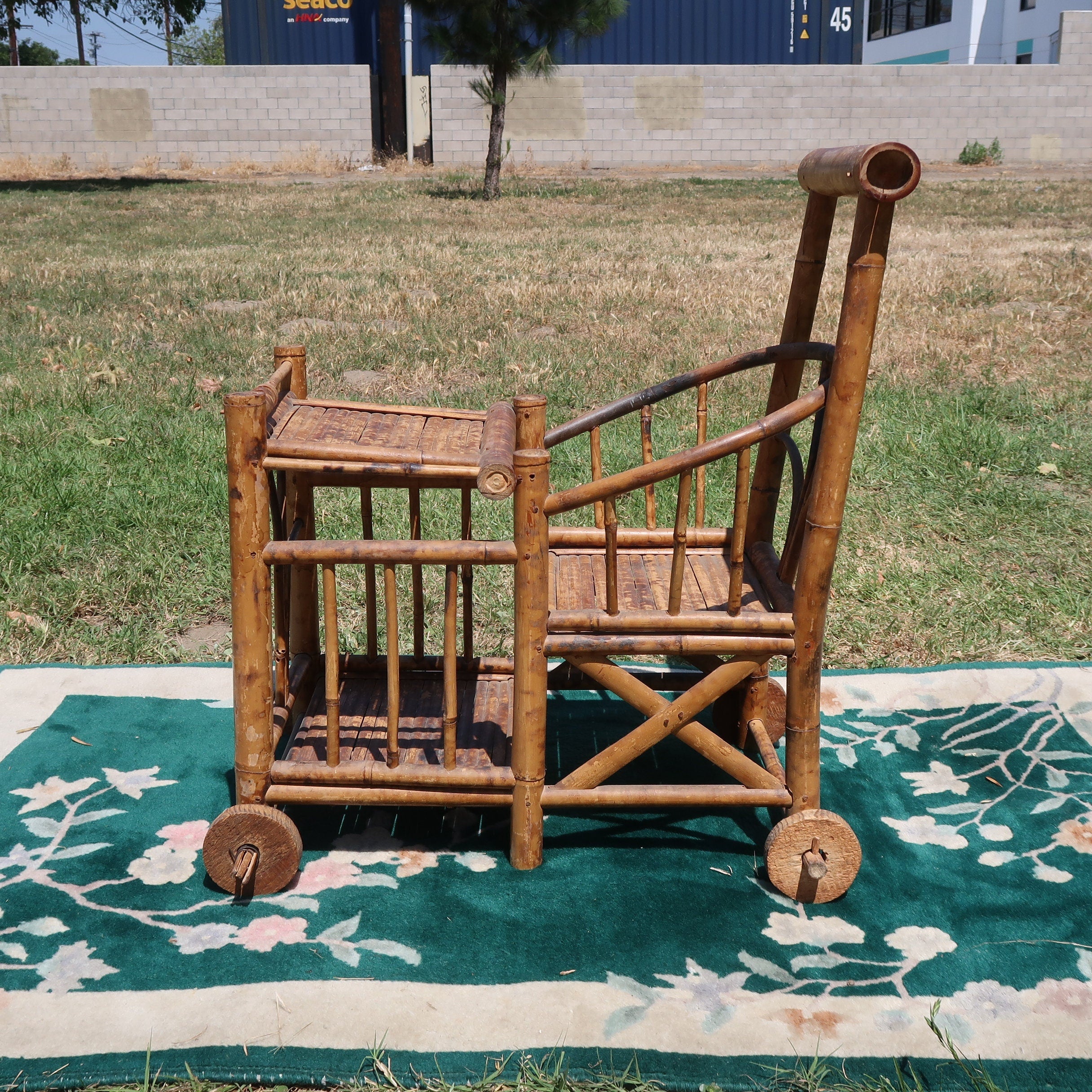 1970s Spanish Bamboo Wheeled Children's Trolley / Garden Plant Stand Holder (Local Pickup Only)