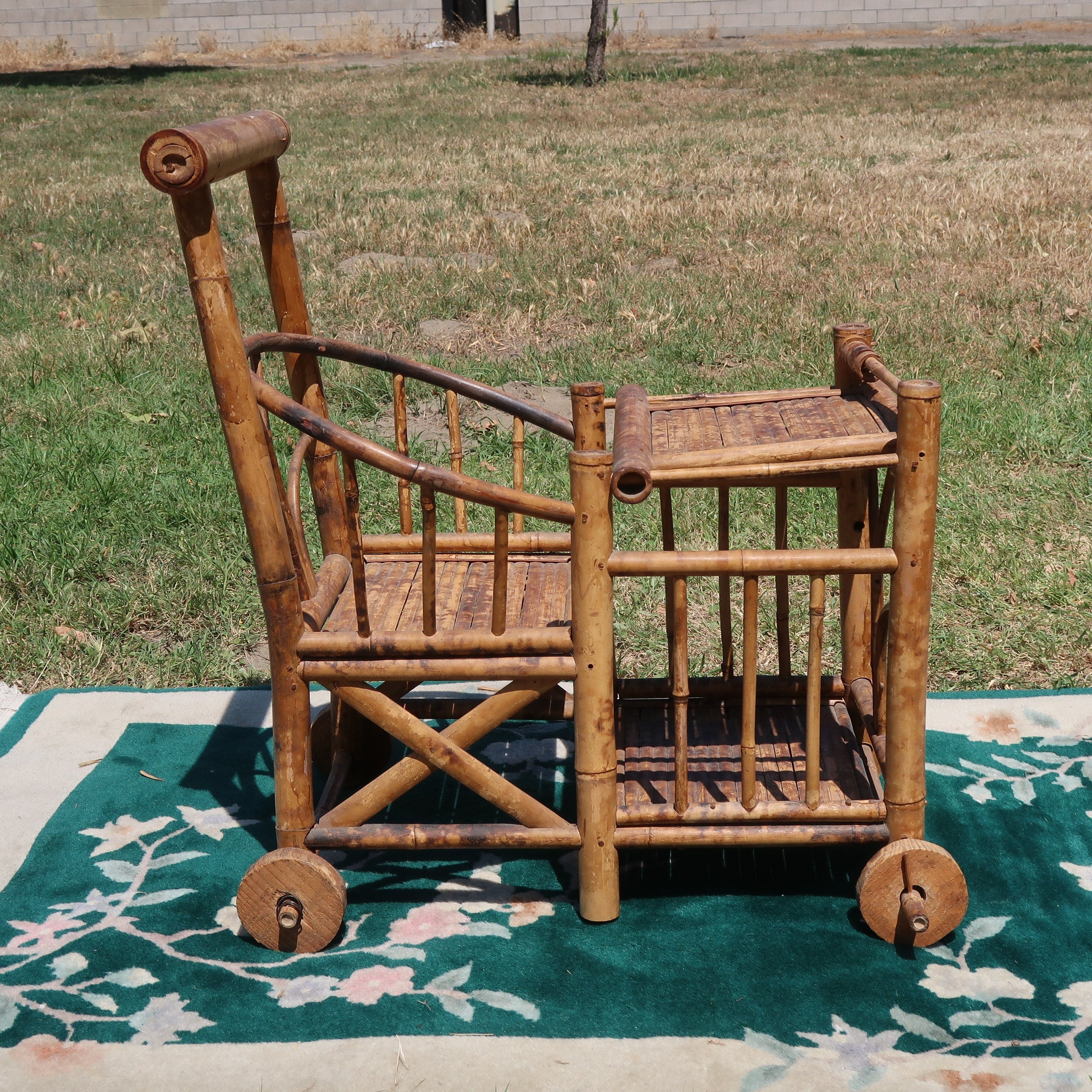 1970s Spanish Bamboo Wheeled Children's Trolley / Garden Plant Stand Holder (Local Pickup Only)