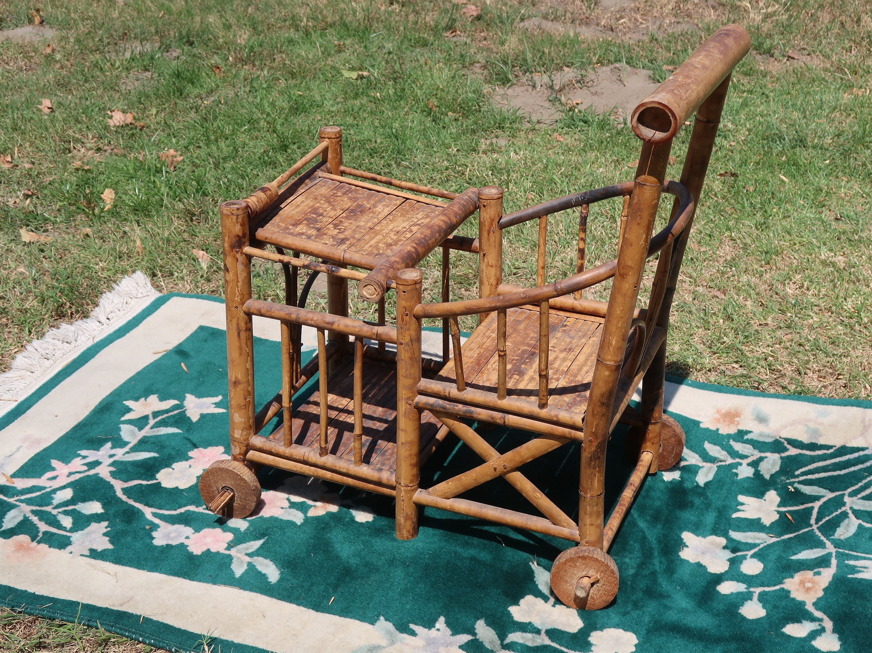 1970s Spanish Bamboo Wheeled Children's Trolley / Garden Plant Stand Holder (Local Pickup Only)