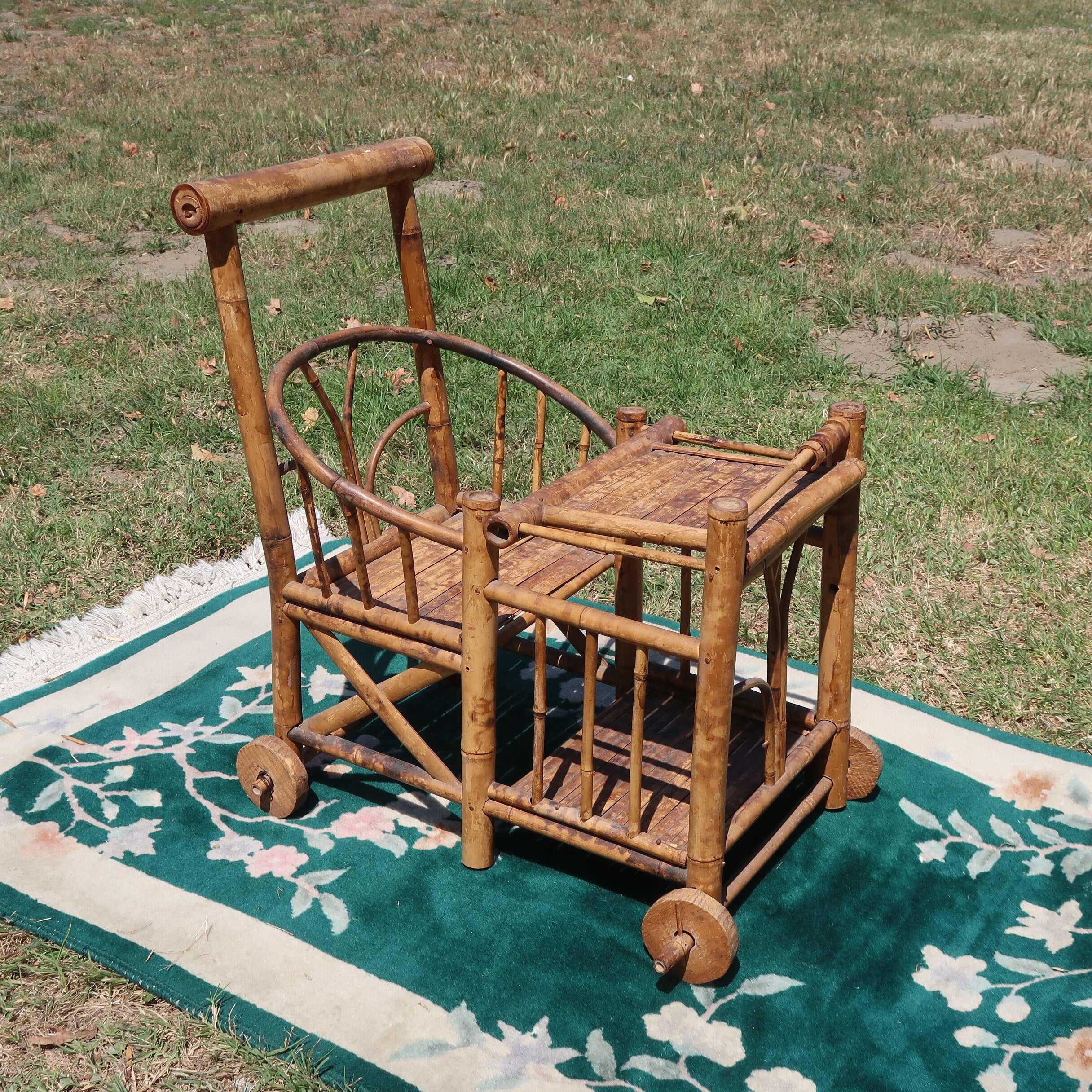 1970s Spanish Bamboo Wheeled Children's Trolley / Garden Plant Stand Holder (Local Pickup Only)