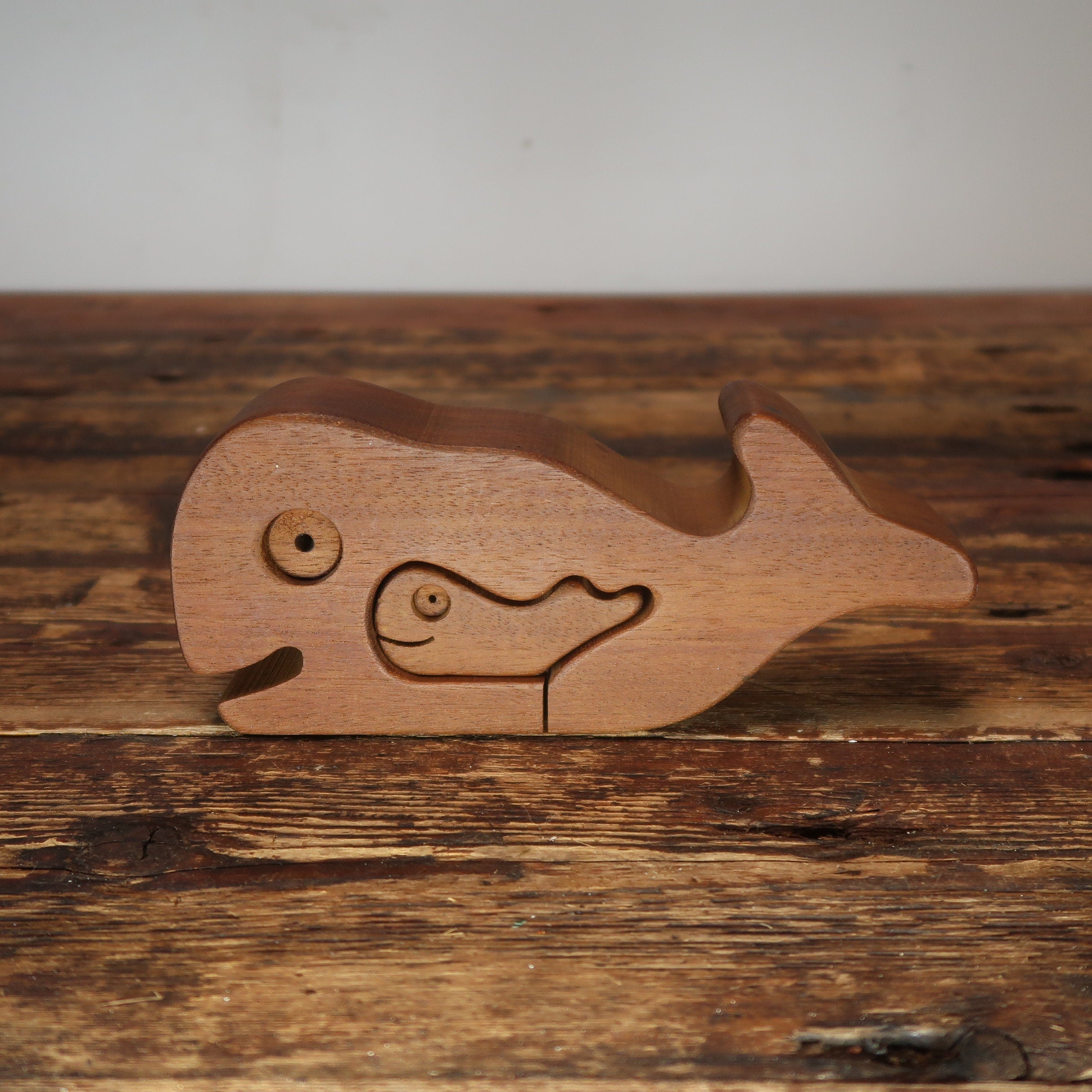 Bob Ameri Hand Carved Wooden Whale With 2 Baby Whales
