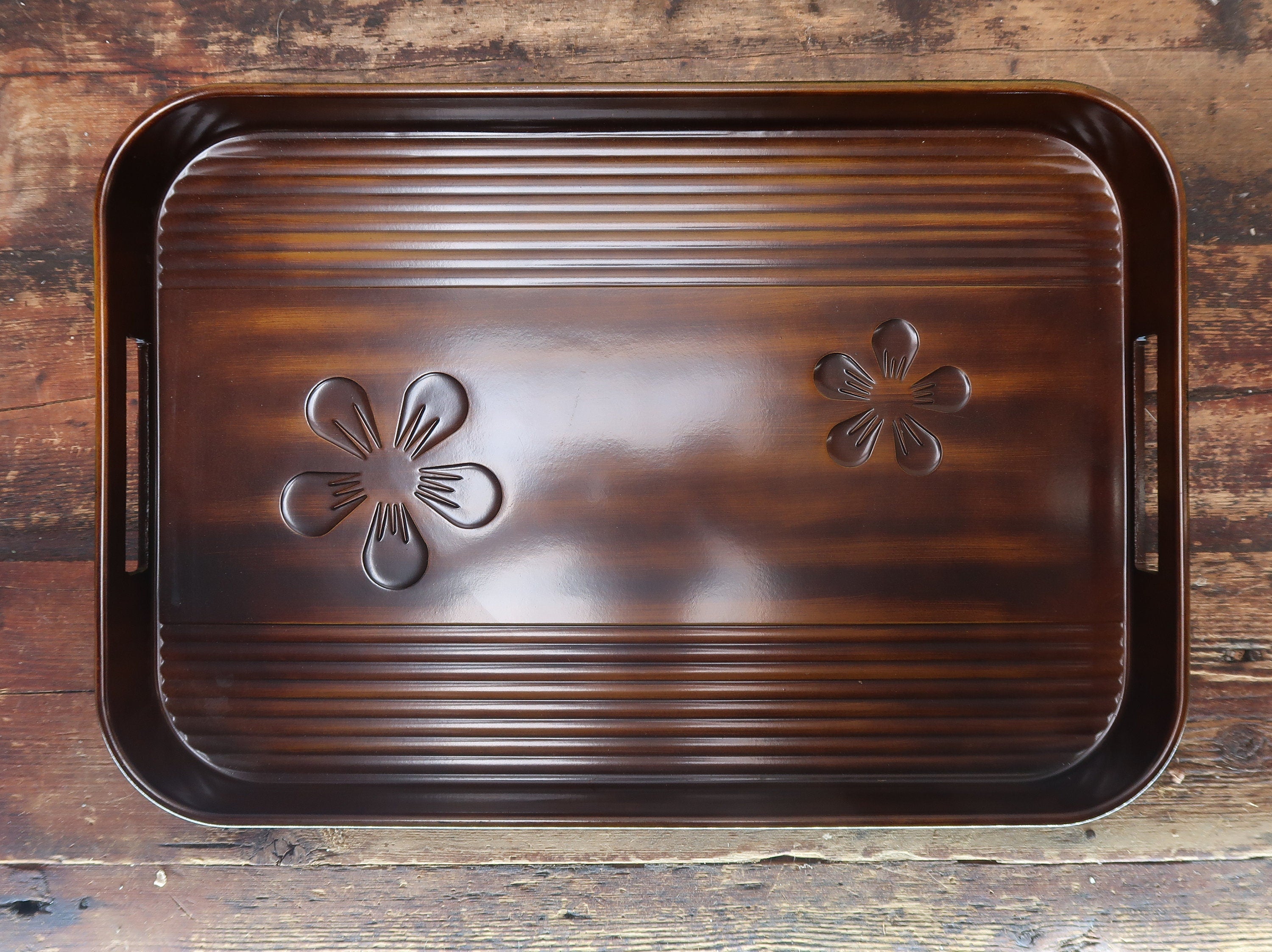 Vintage Japanese Fake Wood Serving Tray Obon Brown MARUSEI 18" x 12" x 1.25"