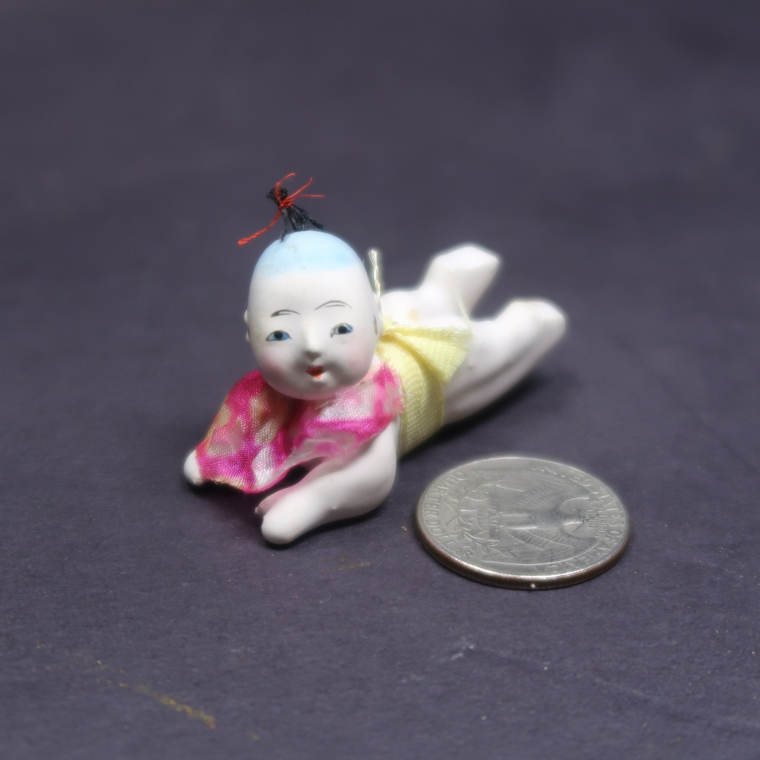 Antique 2" Long Miniature Crawling Baby Doll Japanese Porcelain Doll 1920s