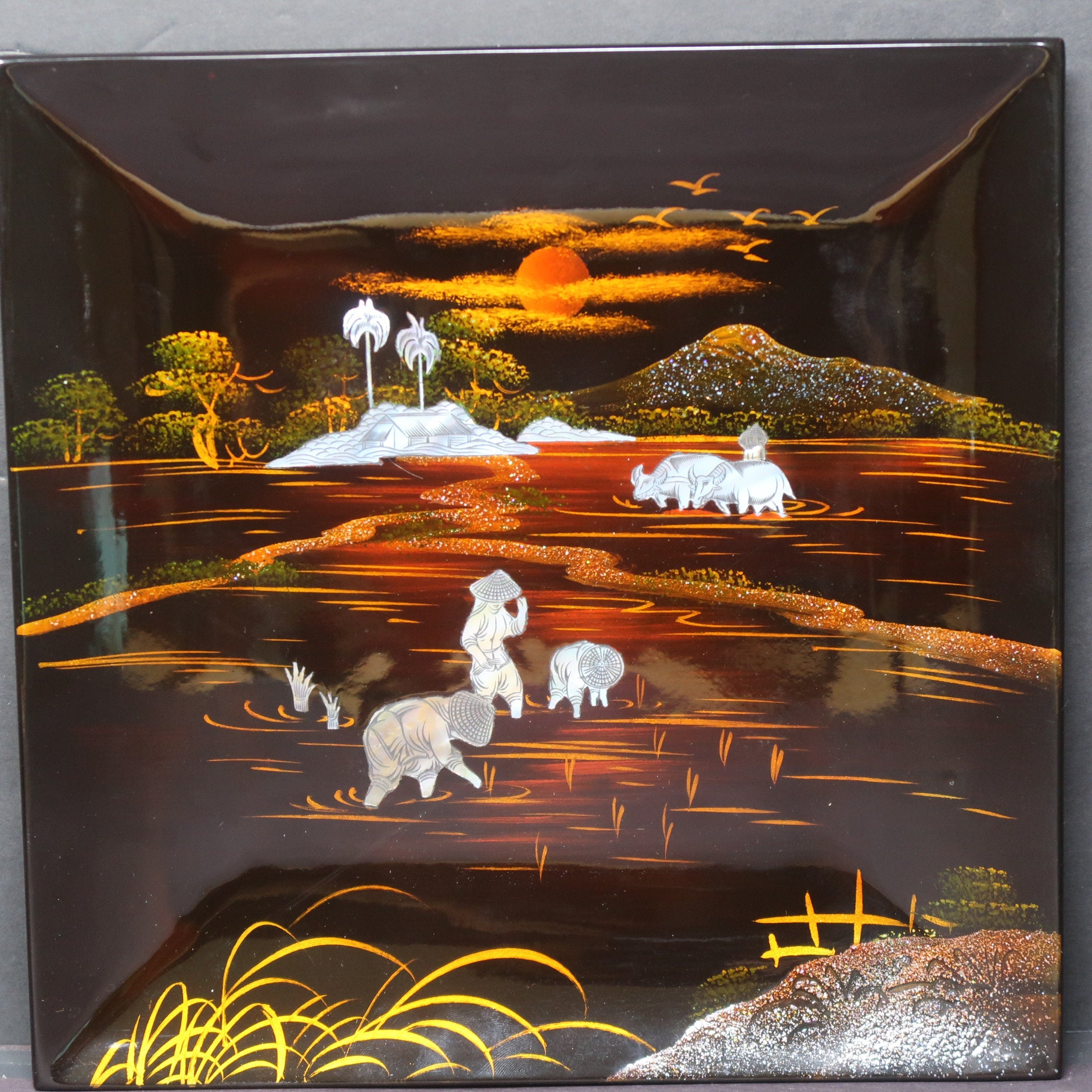 Set of 2 Vietnamese Lacquerware Platter Mother of Pearl Inlay Rural Scene 9.5" x 9.5"