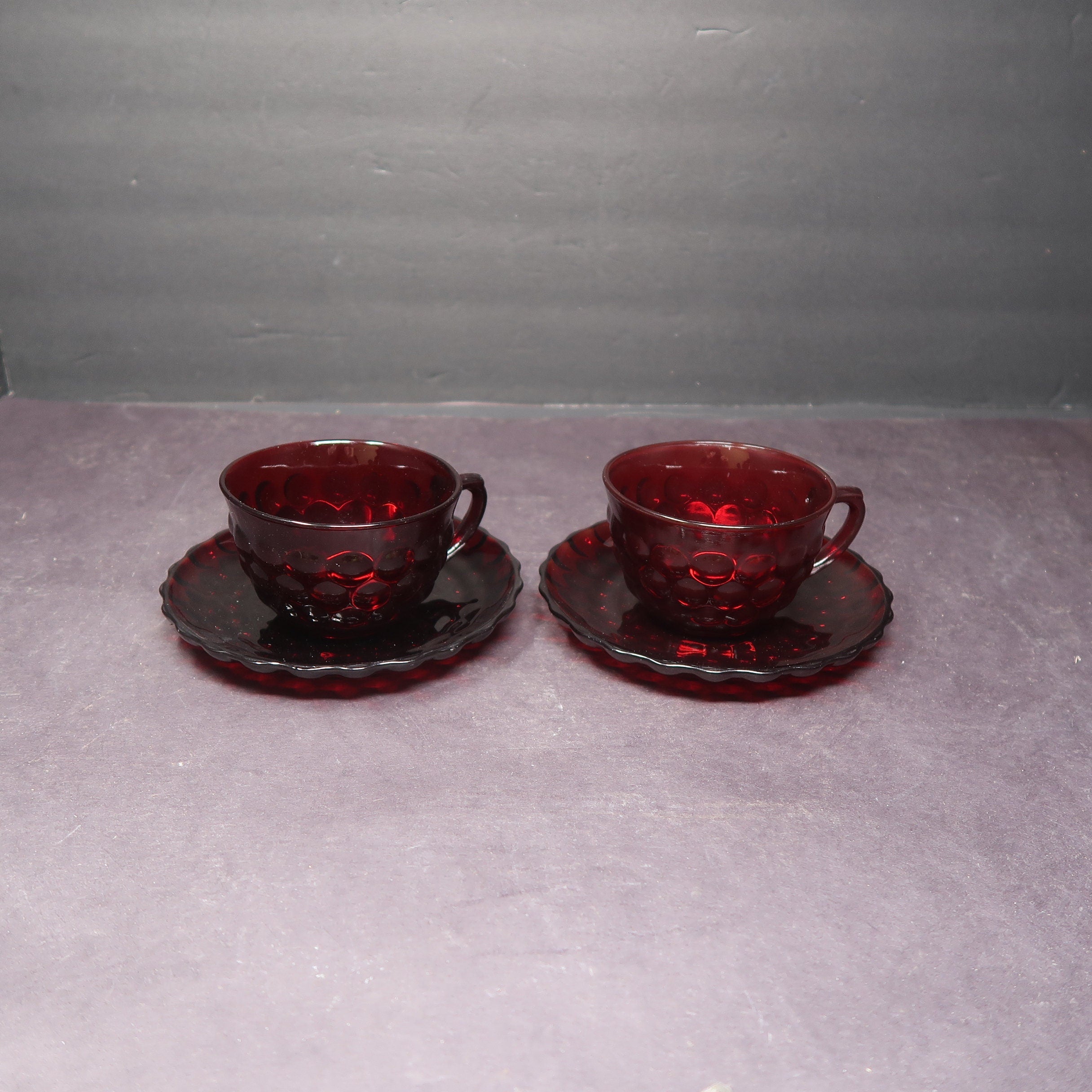 Vintage Anchor Hocking Royal Ruby Red 4 Piece Bubble Set Cups and Saucers