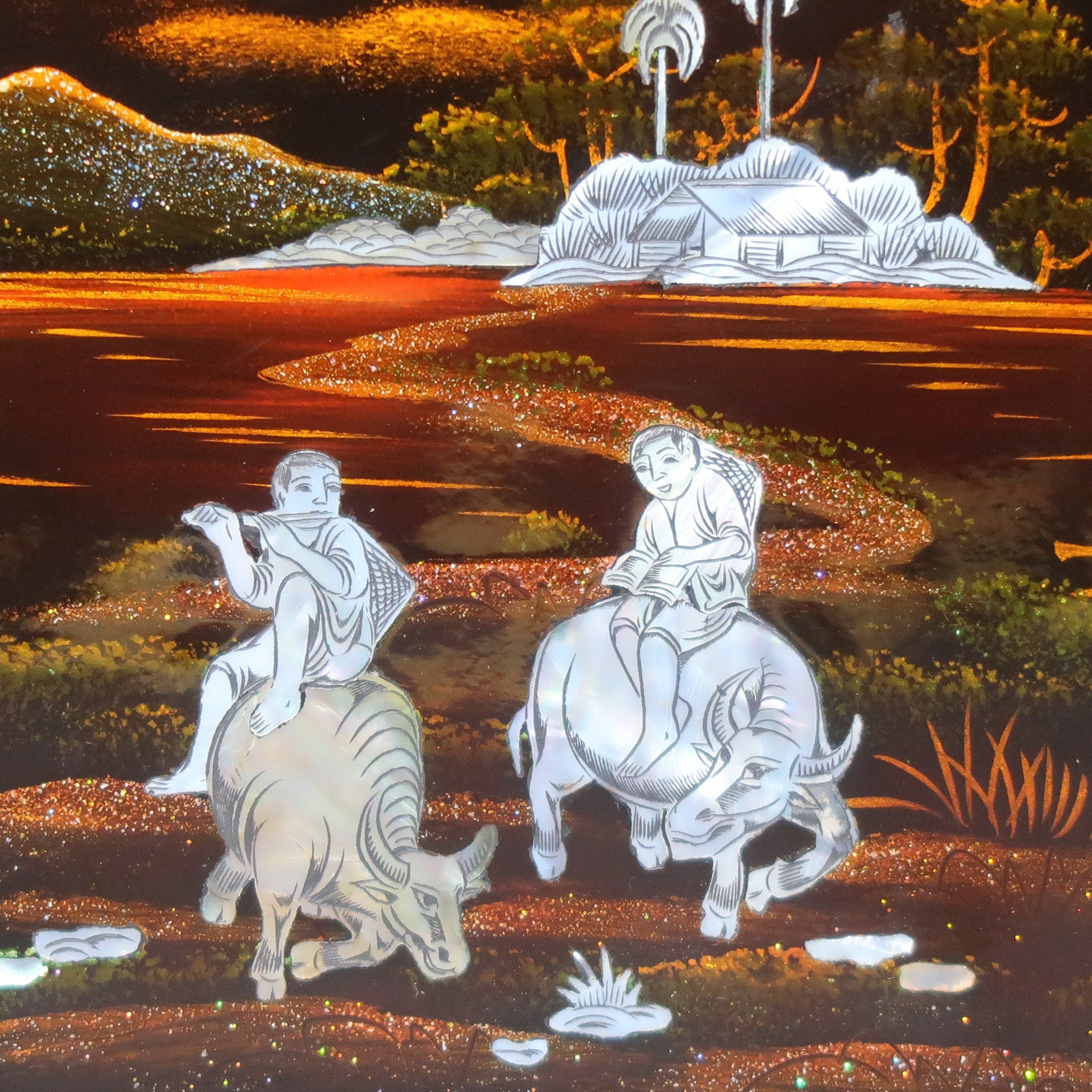 Set of 2 Vietnamese Lacquerware Platter Mother of Pearl Inlay Rural Scene 9.5" x 9.5"