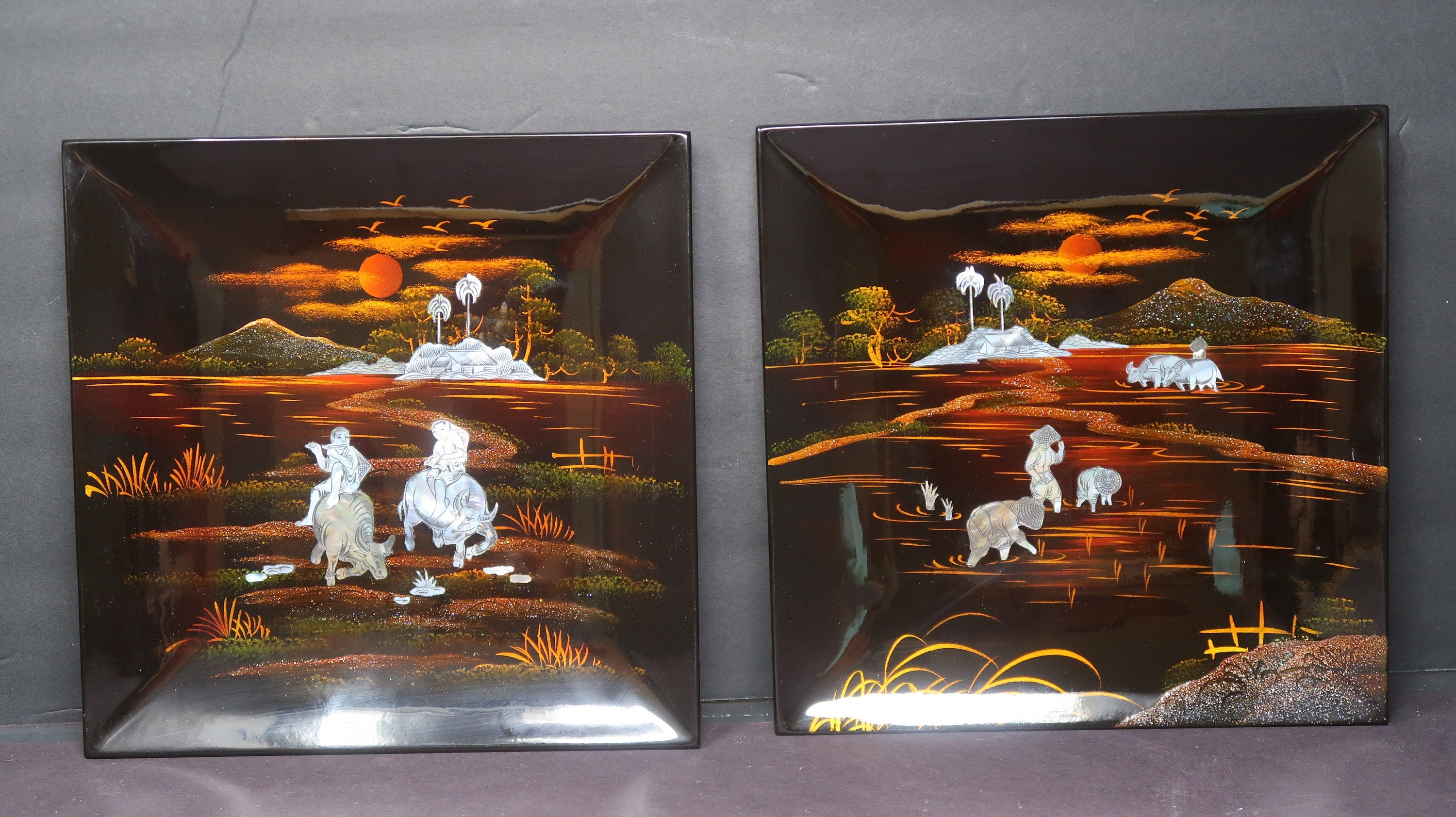 Set of 2 Vietnamese Lacquerware Platter Mother of Pearl Inlay Rural Scene 9.5" x 9.5"