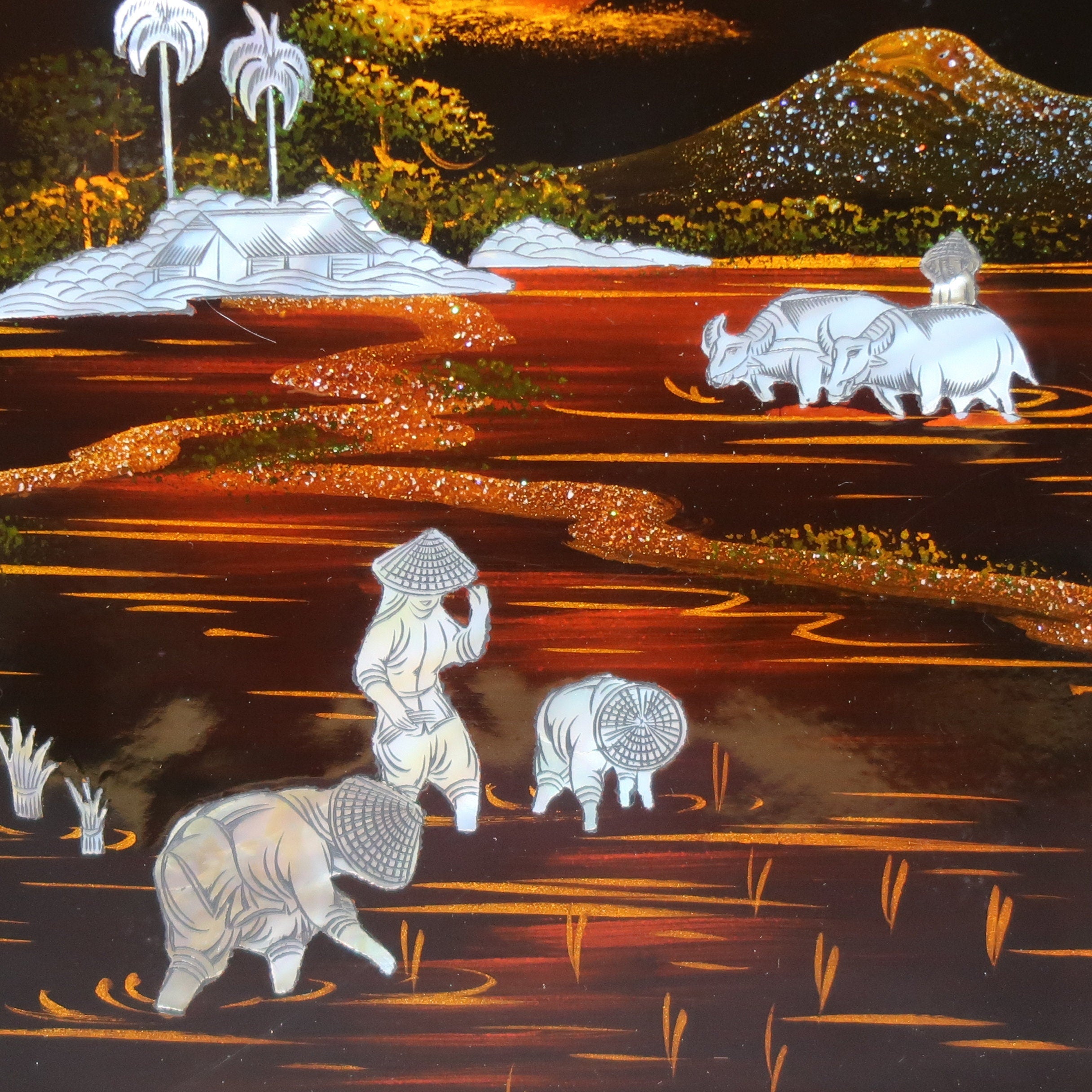 Set of 2 Vietnamese Lacquerware Platter Mother of Pearl Inlay Rural Scene 9.5" x 9.5"