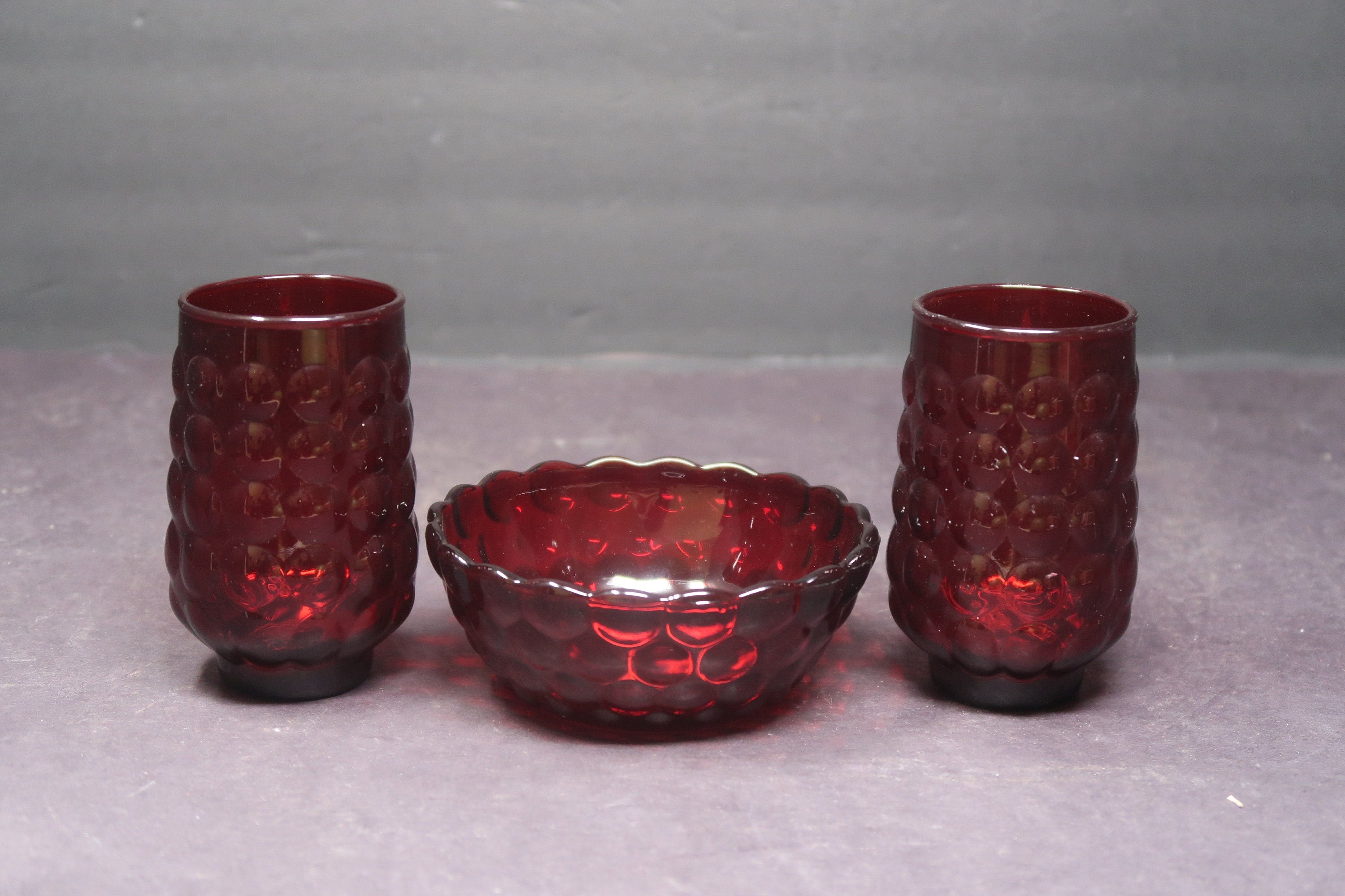 Vintage Anchor Hocking Royal Ruby Red 3 Piece Bubble Set 2 Tumblers & 1 Bowl