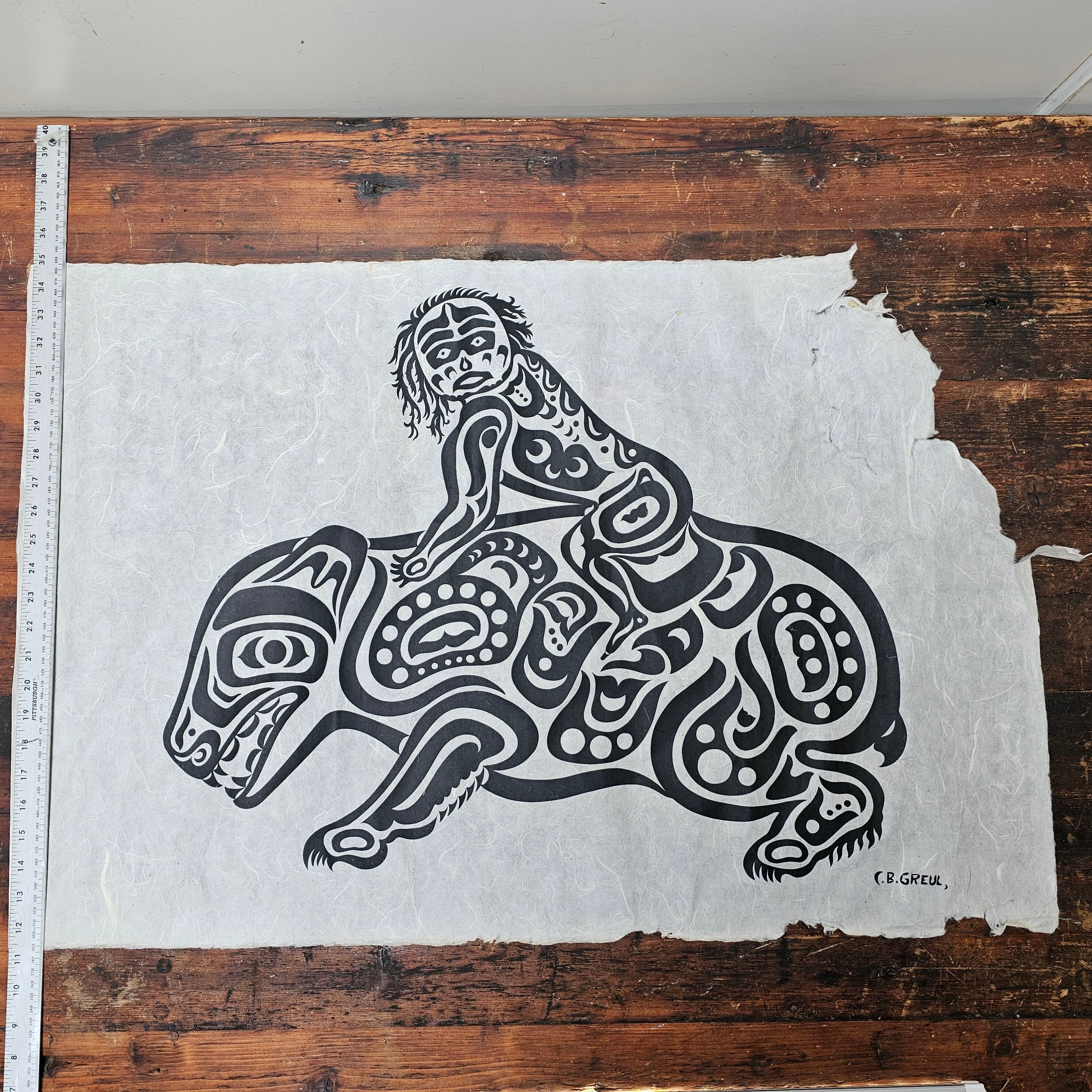 Charles B. Greul Serigraph On Rice Paper " Shaman with Grizzly " 36" x 24"