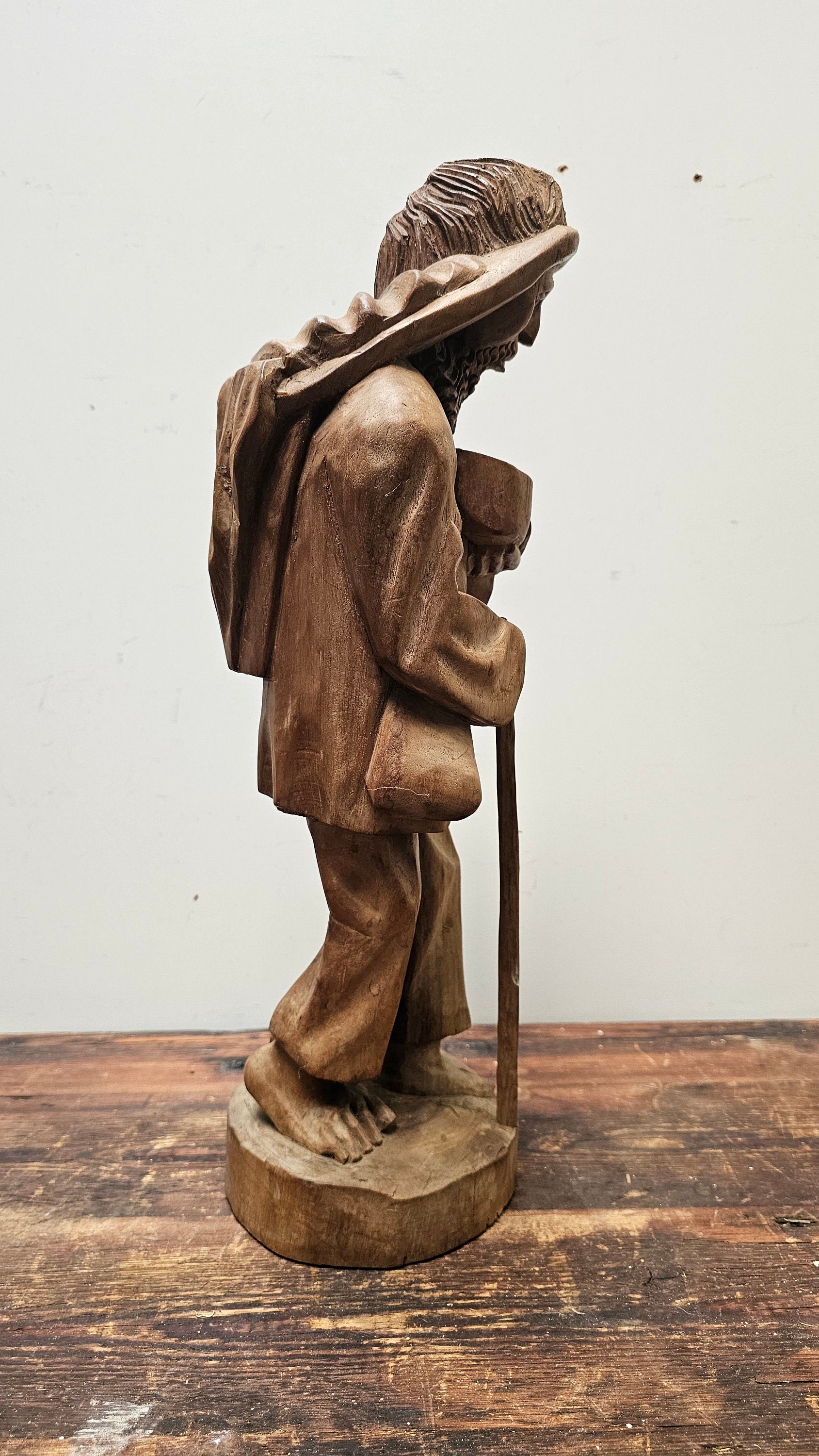 Vintage Hand Carved Solid Wood Figure Traveler With Cat Statue Vagabond 20" Tall