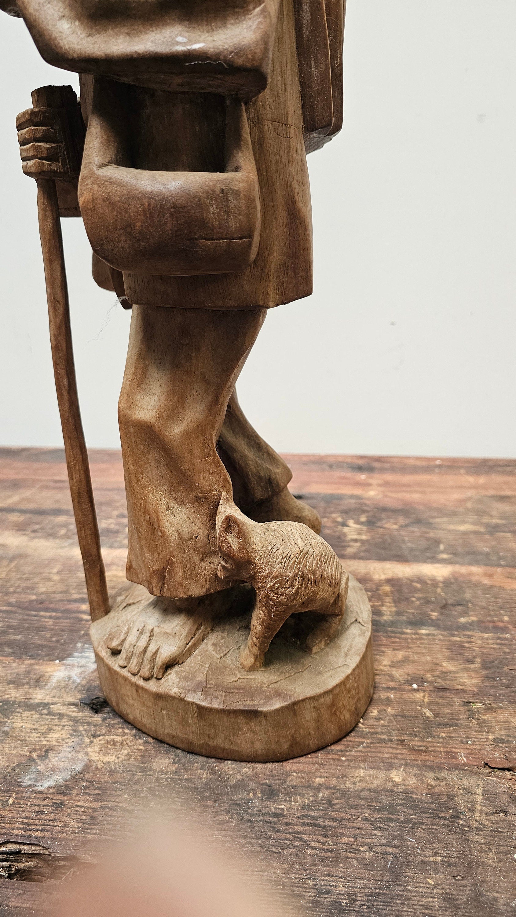 Vintage Hand Carved Solid Wood Figure Traveler With Cat Statue Vagabond 20" Tall