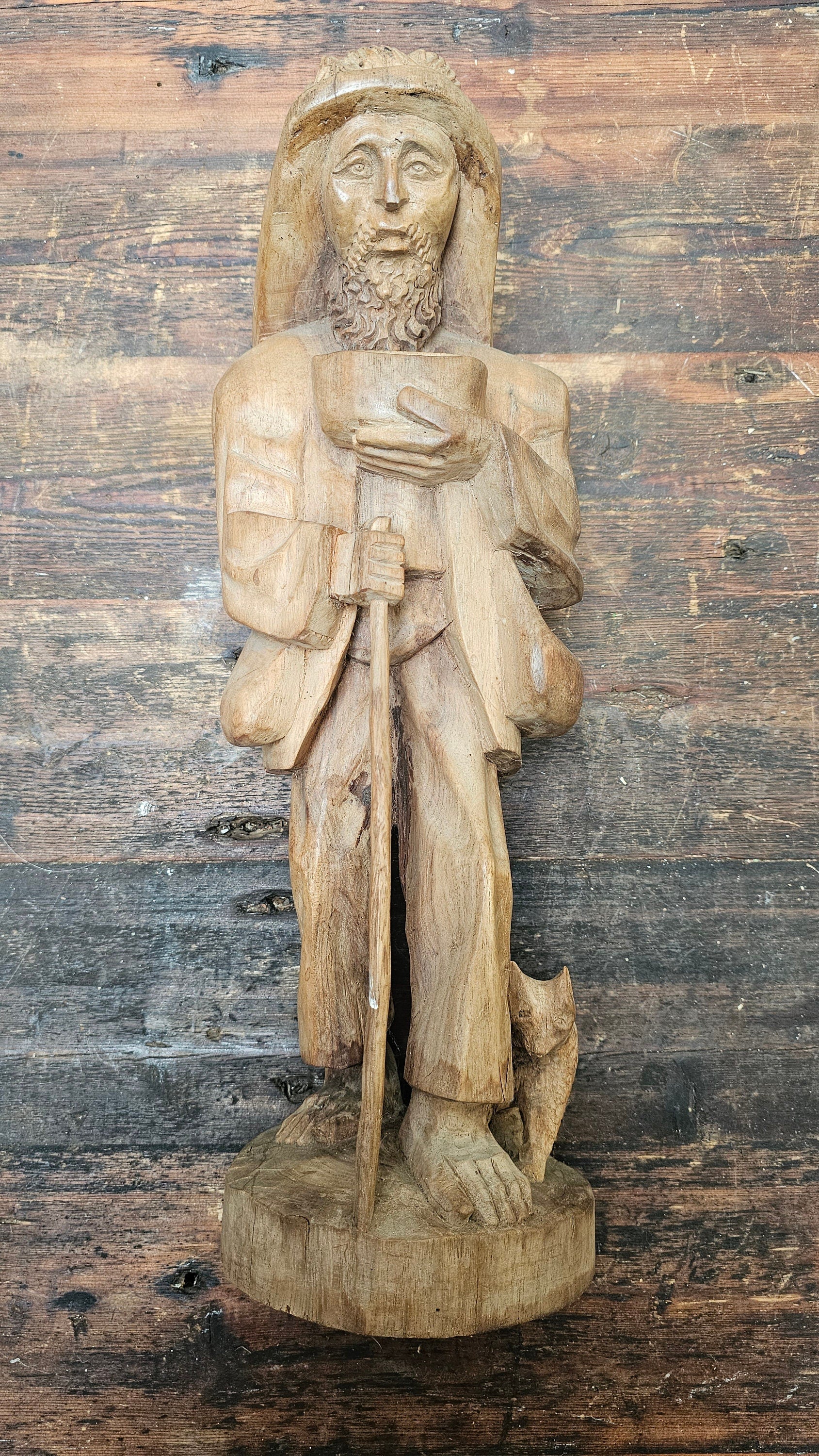Vintage Hand Carved Solid Wood Figure Traveler With Cat Statue Vagabond 20" Tall