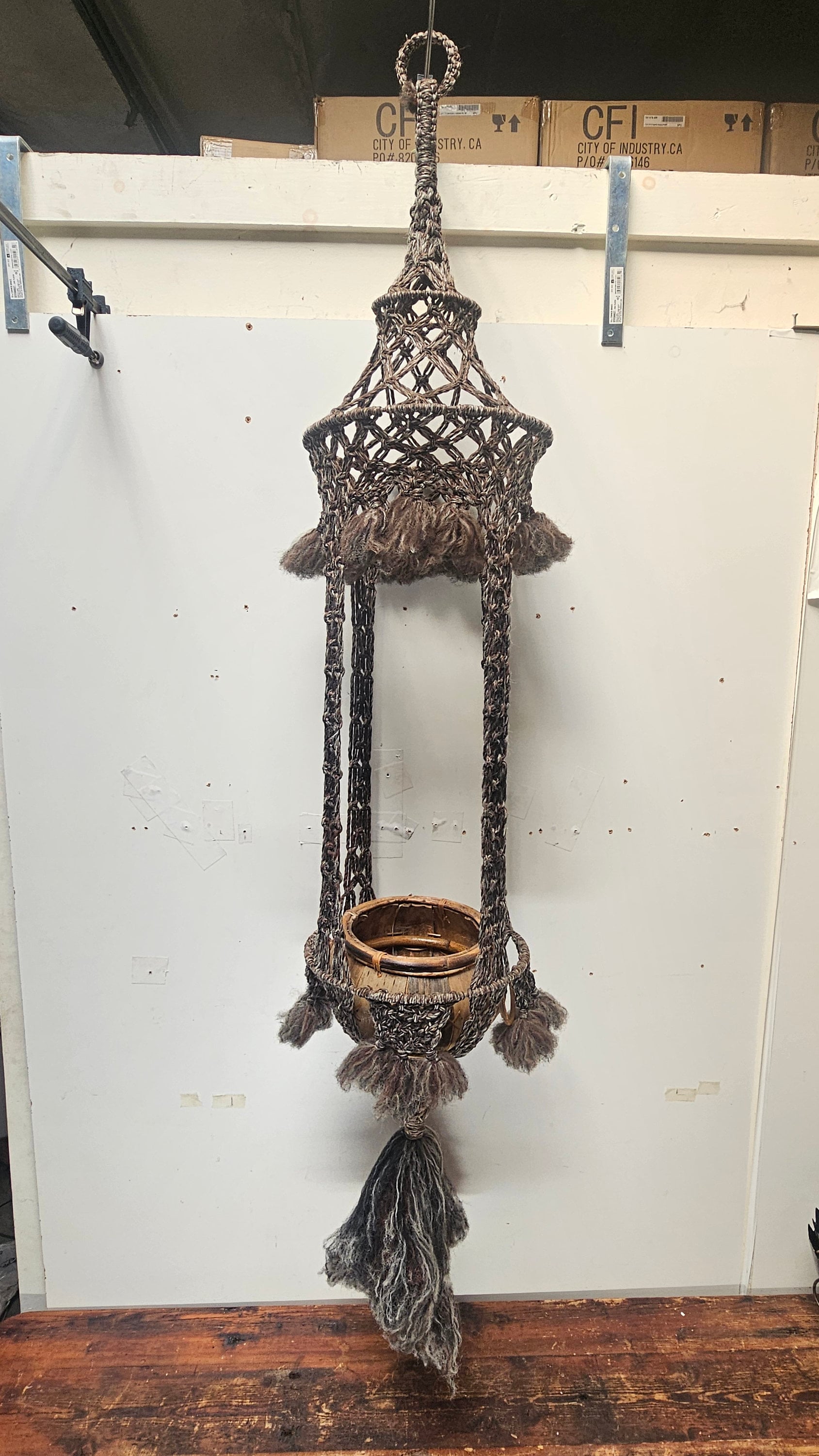 Macrame Wool Yarn Hanging Plant Holder With Ratten Bamboo Planter Boho 68" H