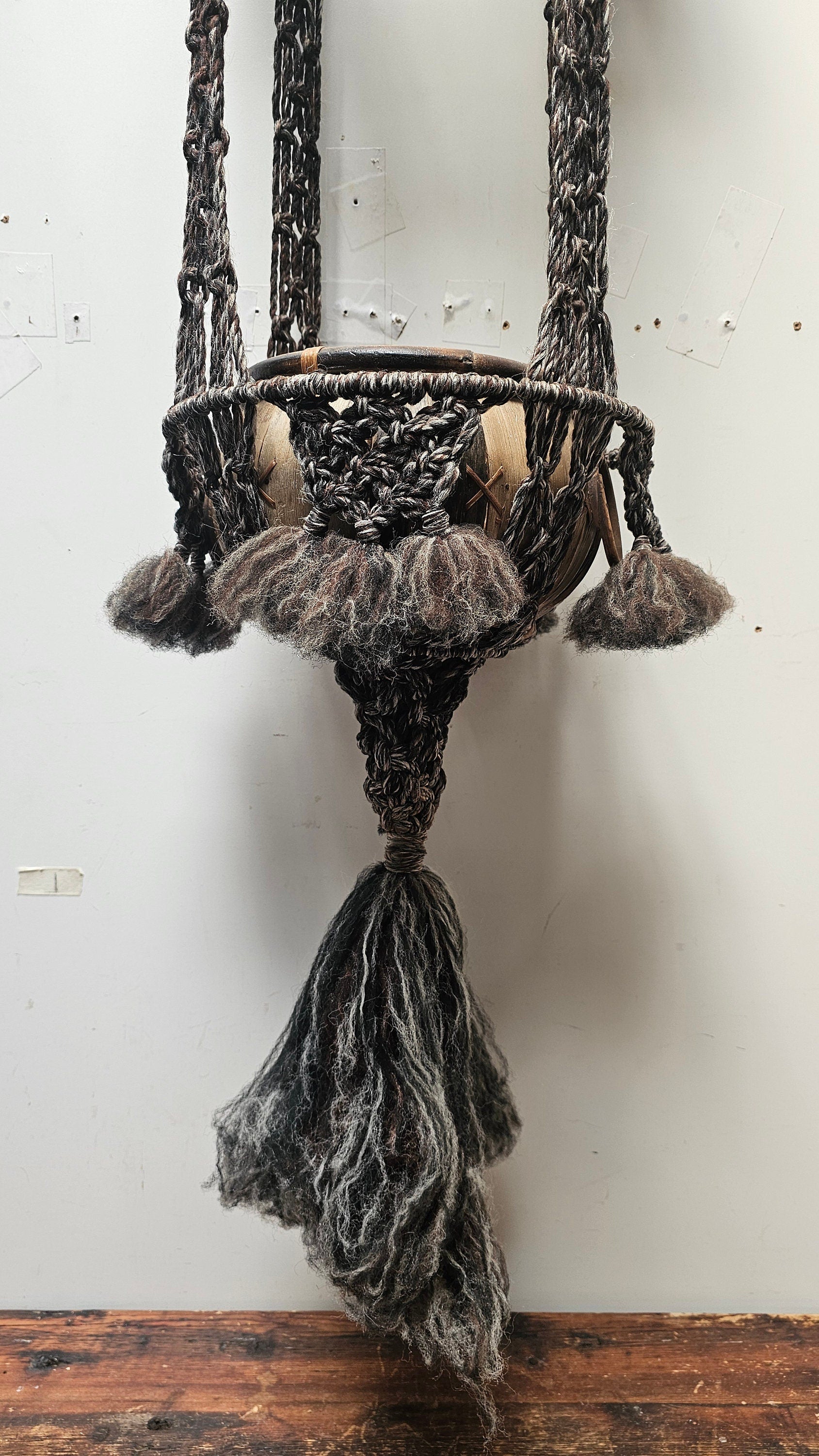 Macrame Wool Yarn Hanging Plant Holder With Ratten Bamboo Planter Boho 68" H
