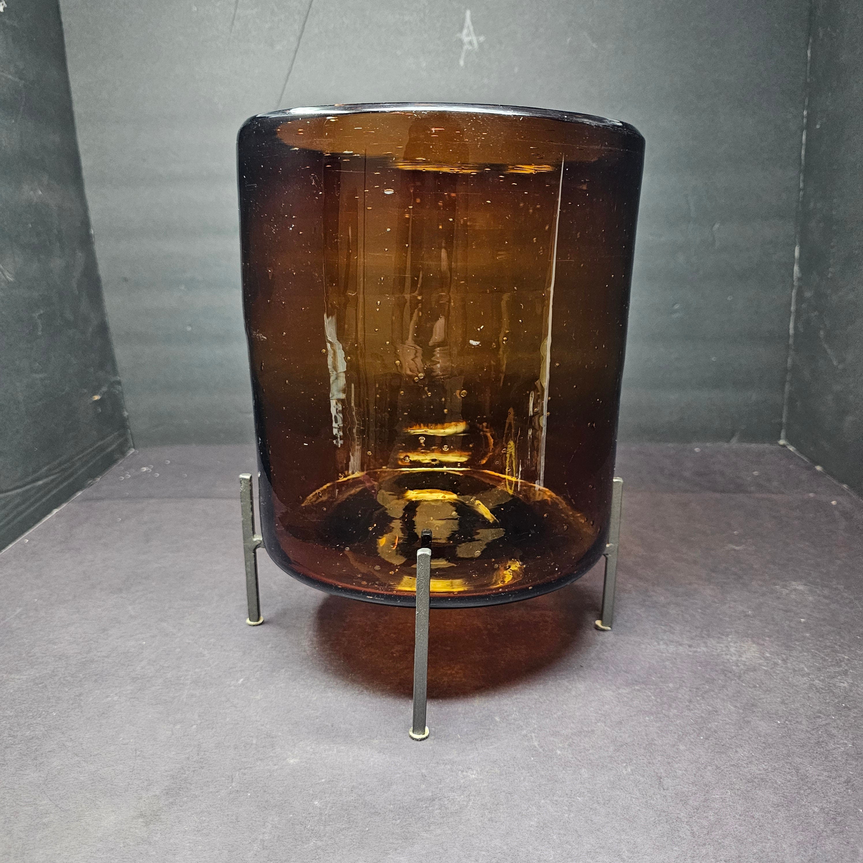 Amber Glass Cylinder Storage Container Flower Vase With Metal Stand
