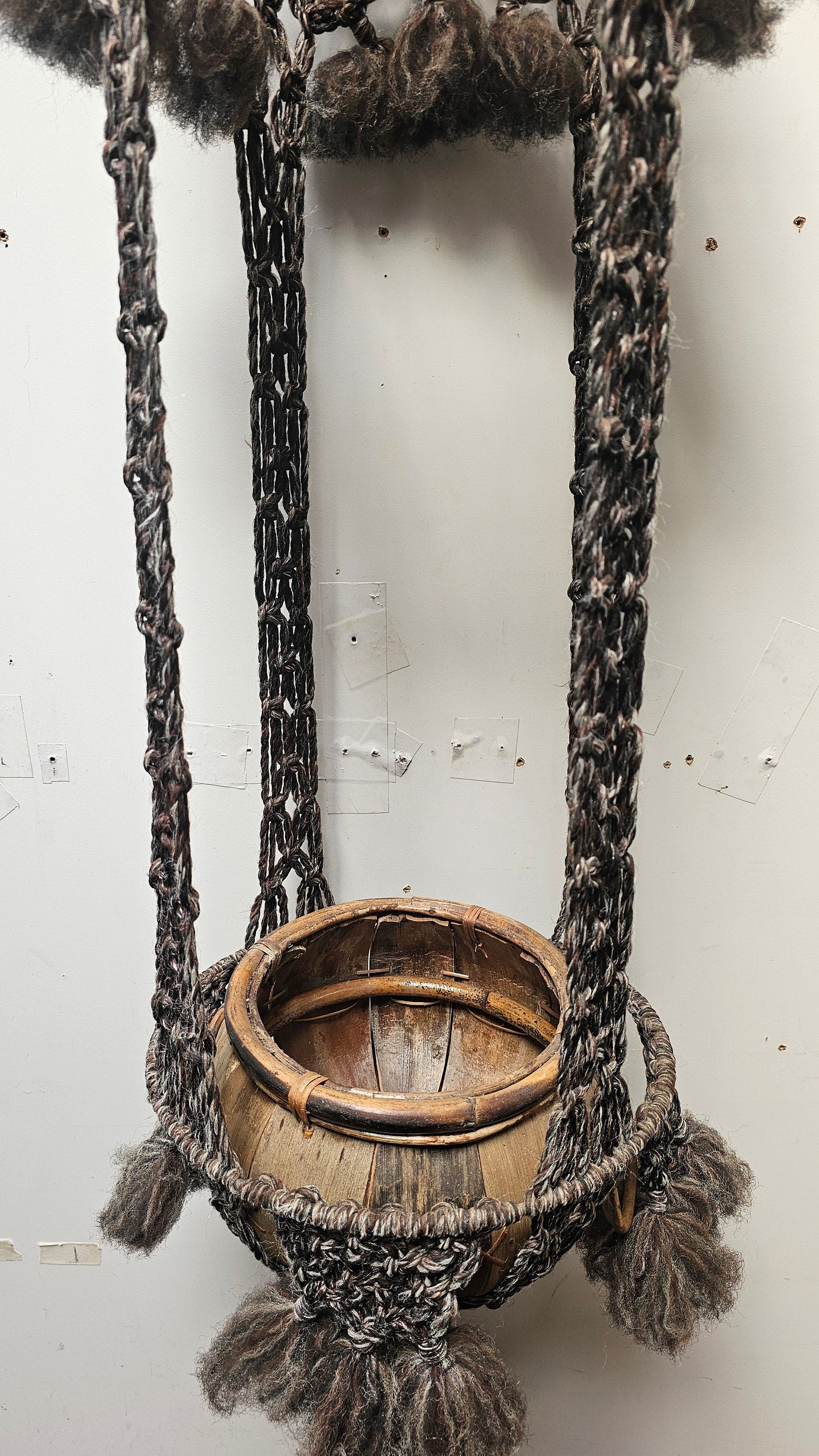 Macrame Wool Yarn Hanging Plant Holder With Ratten Bamboo Planter Boho 68" H