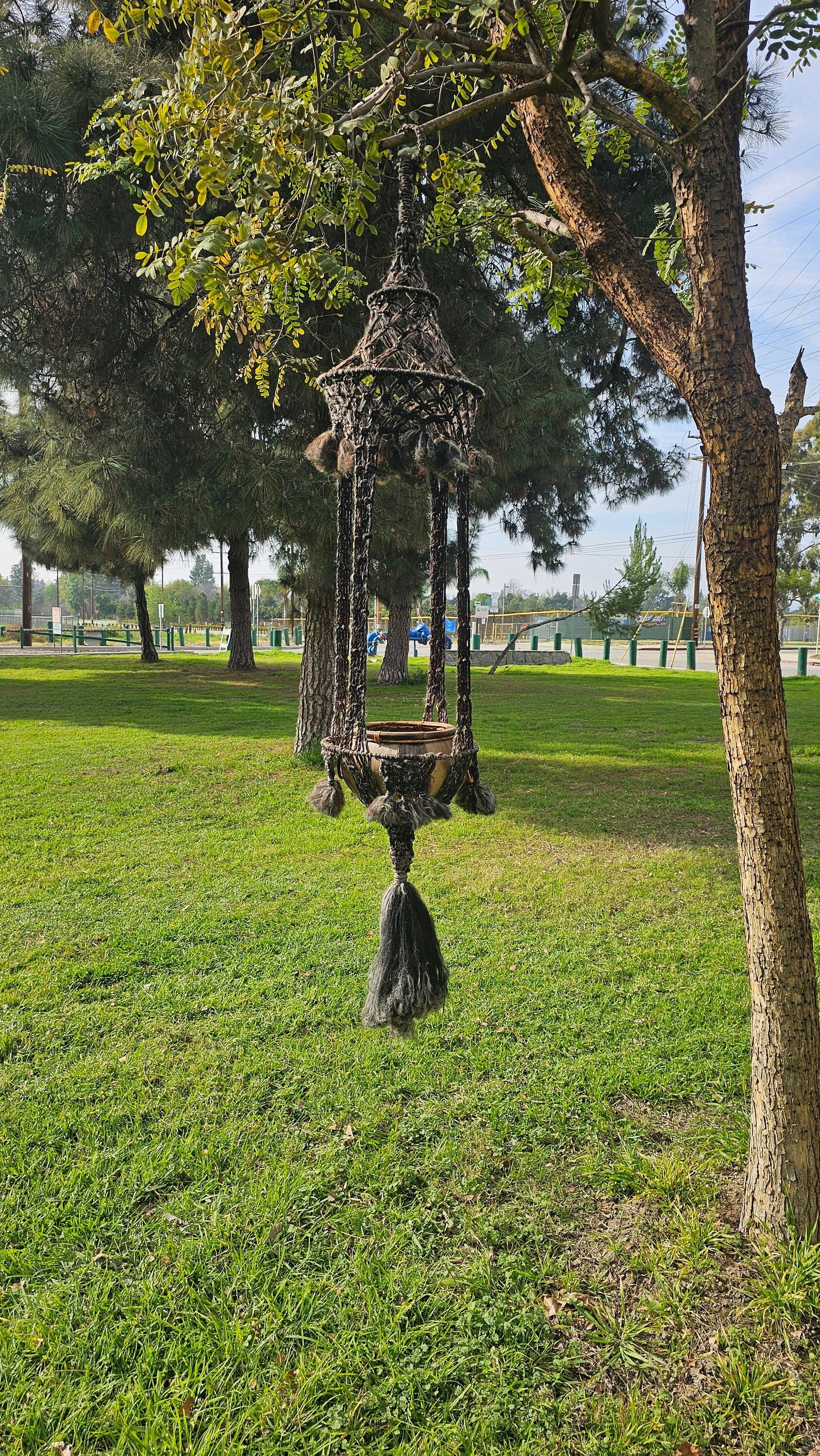 Macrame Wool Yarn Hanging Plant Holder With Ratten Bamboo Planter Boho 68" H