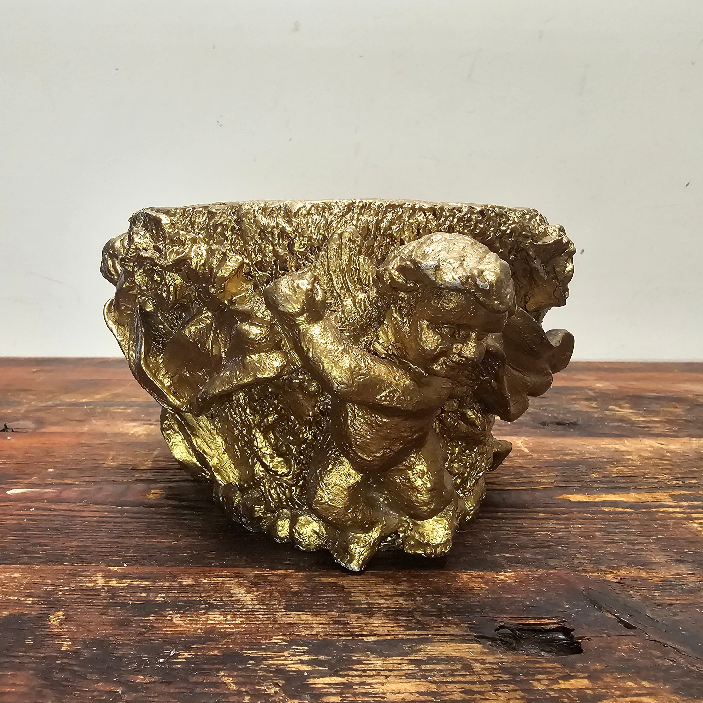 Vintage Gold Cherubs Candle Holder Planter Trinket 7" Dia x 4.5" H