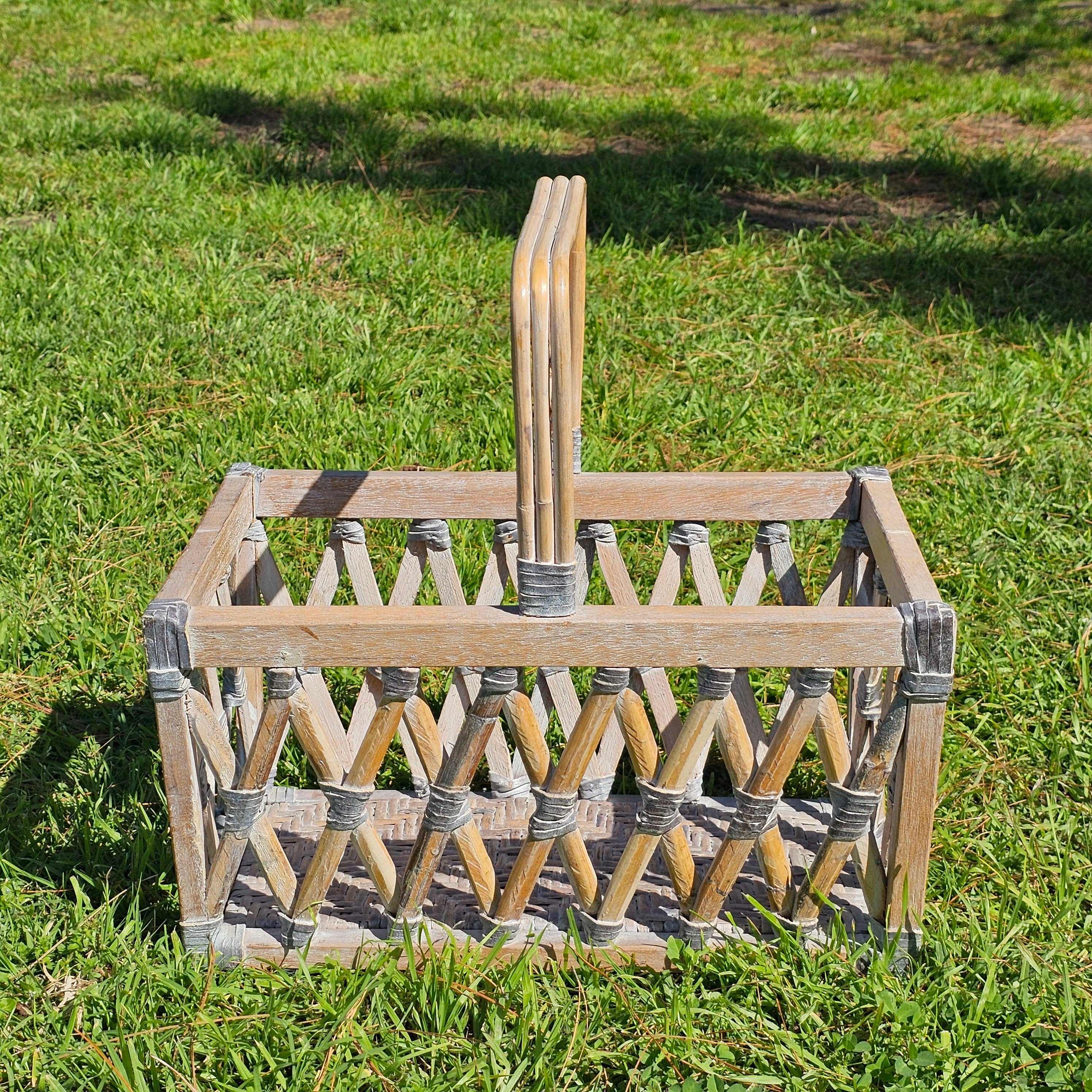 Wood & Rattan Leather Thong Wrapped Boho Style Basket 18"L x 11"W x 18.5"H