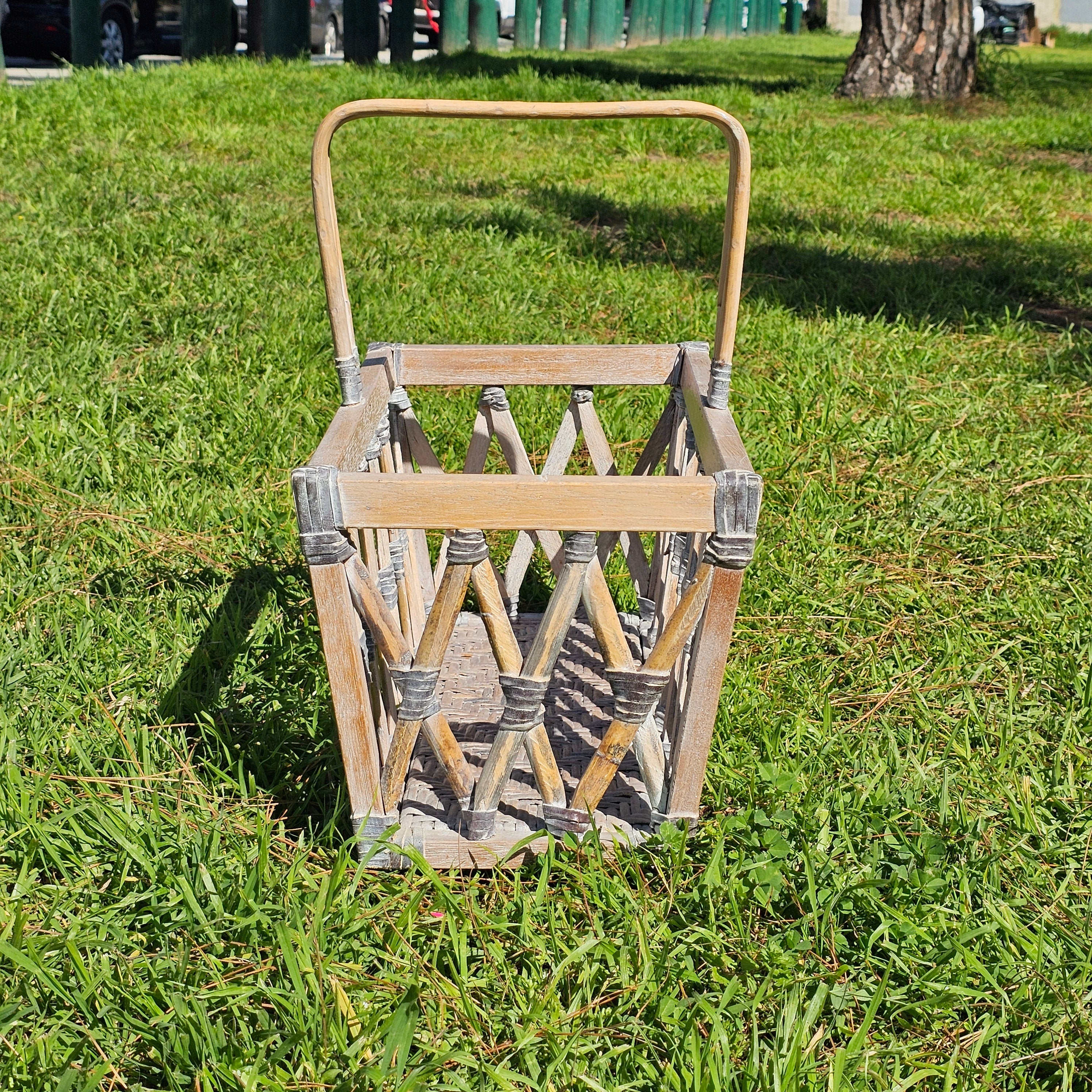 Wood & Rattan Leather Thong Wrapped Boho Style Basket 18"L x 11"W x 18.5"H