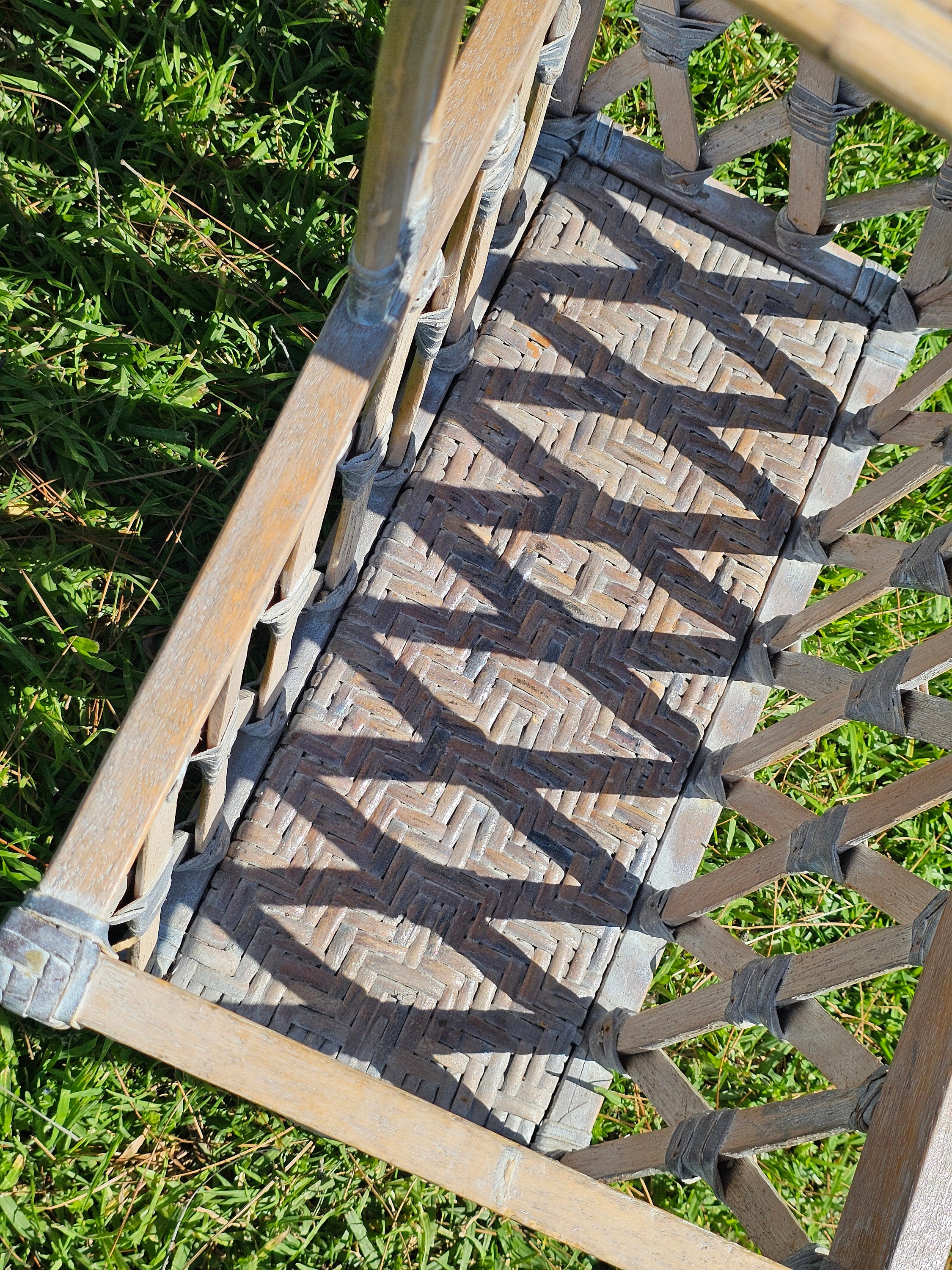 Wood & Rattan Leather Thong Wrapped Boho Style Basket 18"L x 11"W x 18.5"H