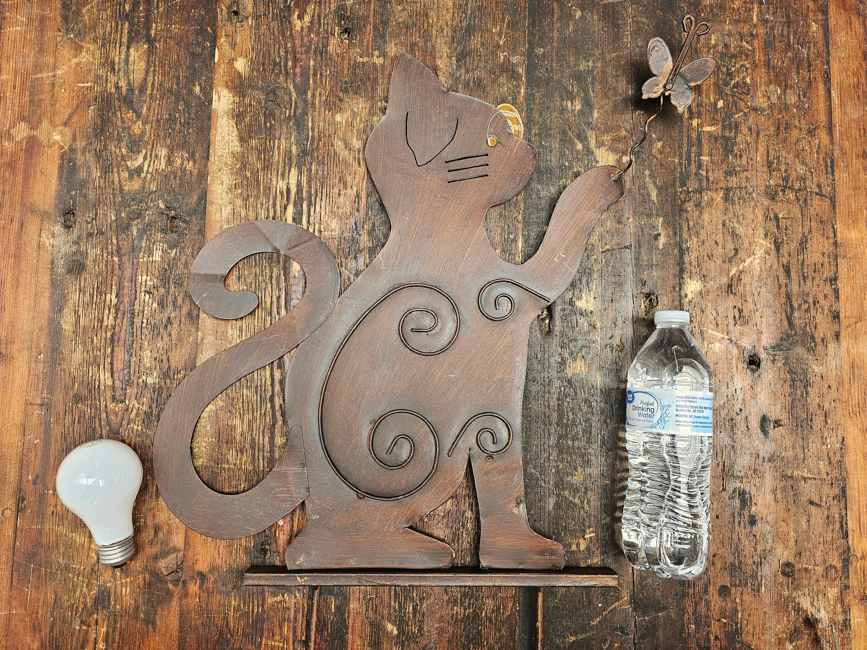 Large Rusty Metal Cats Playing With Butterflies (Set of 2) Free U.S. Shipping