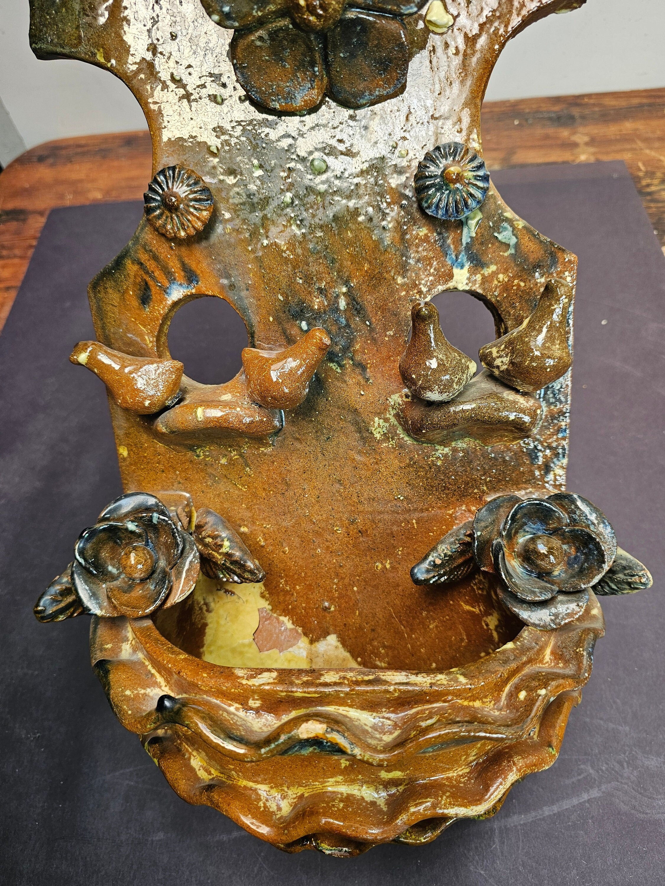 Vintage Mexican Tree of Life Pottery Metepec Wall Planter 16"H x 10"W x 5"D