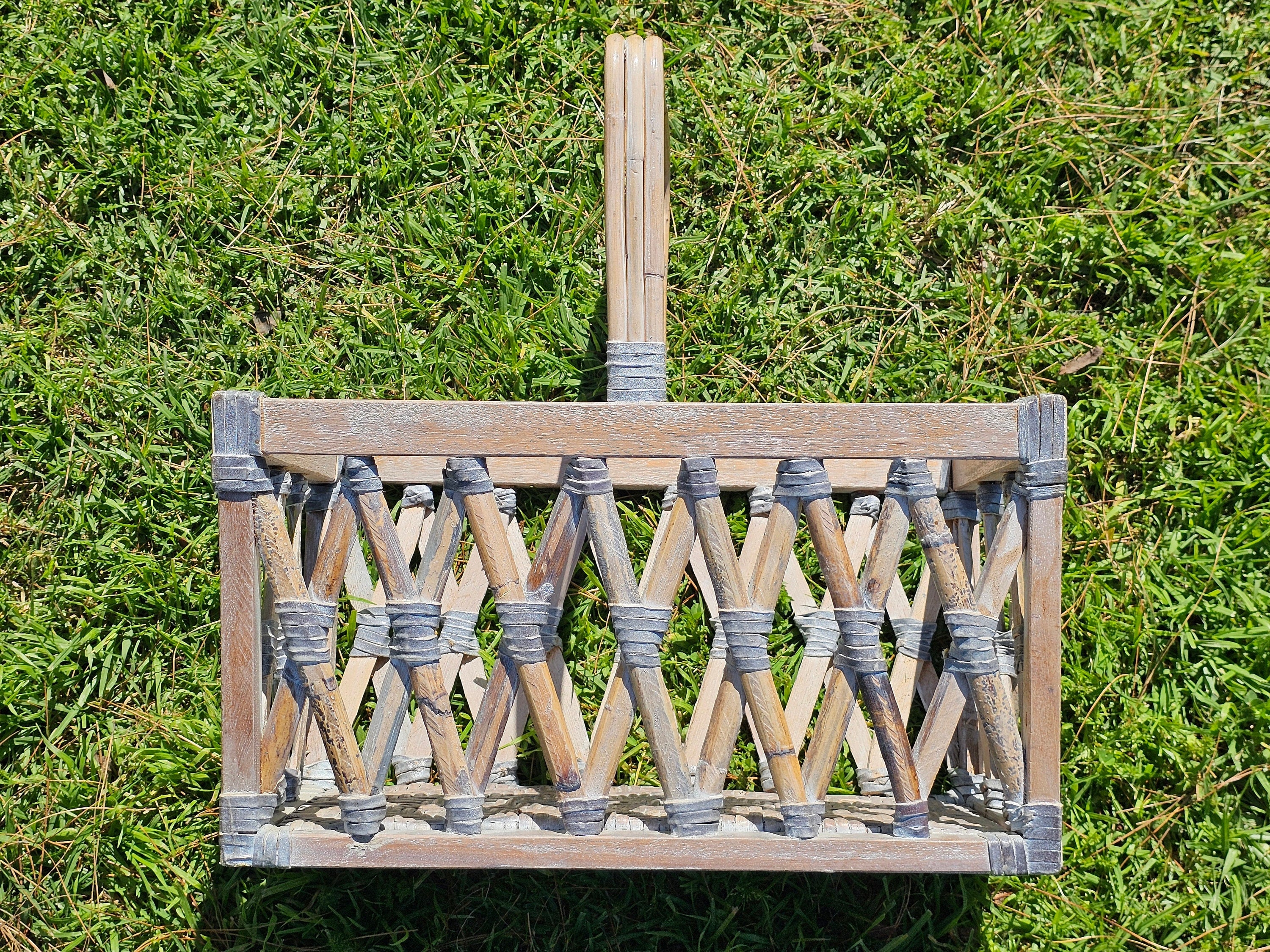 Wood & Rattan Leather Thong Wrapped Boho Style Basket 18"L x 11"W x 18.5"H