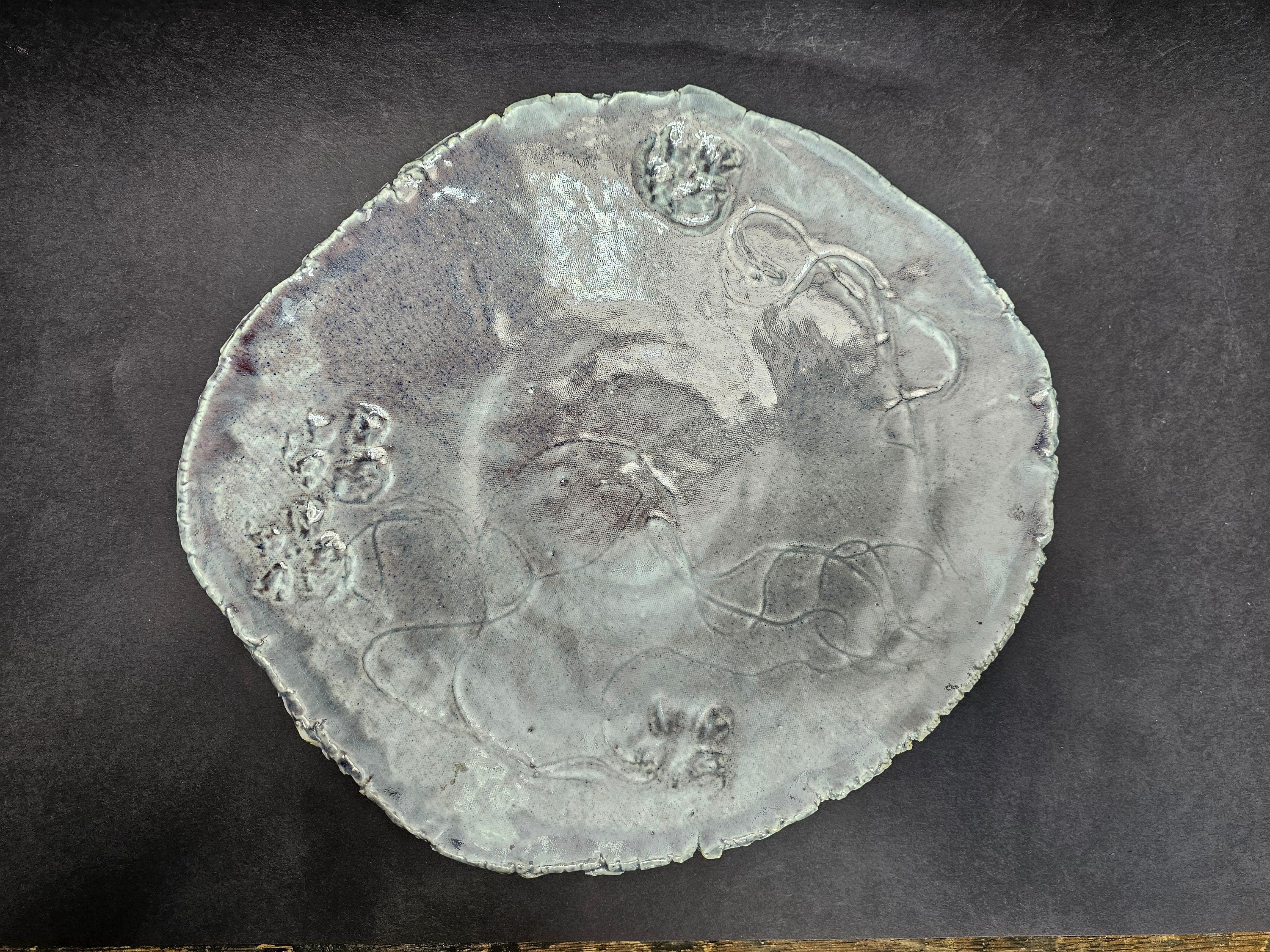 Vintage Studio Art Pottery Japanese Style Gray Plate Floral Design 12.5" x 13.5" x 2.75" H