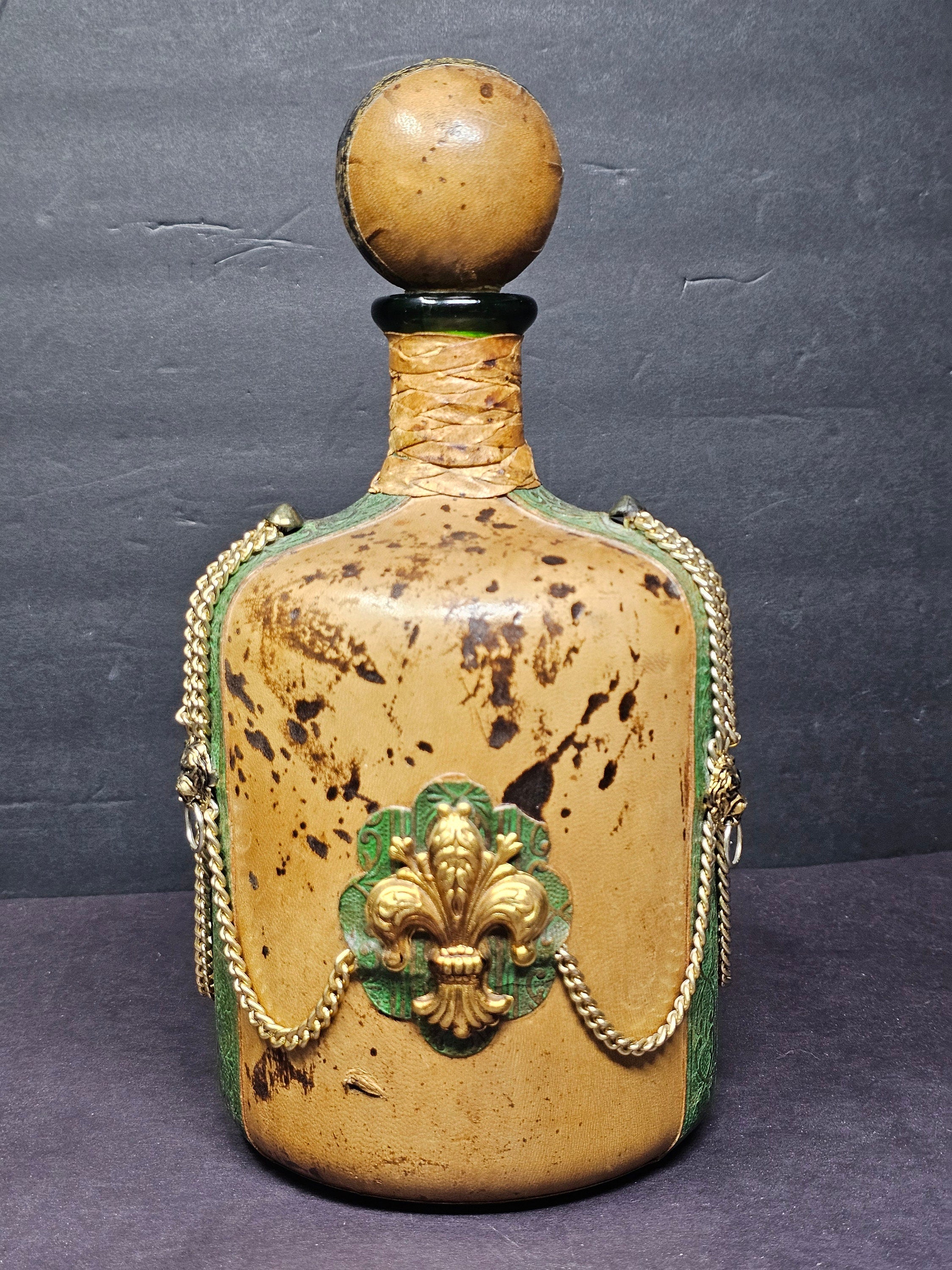 Vintage Leather Covered Decanter Bottle Italy Fleur de Lis Bar Decor