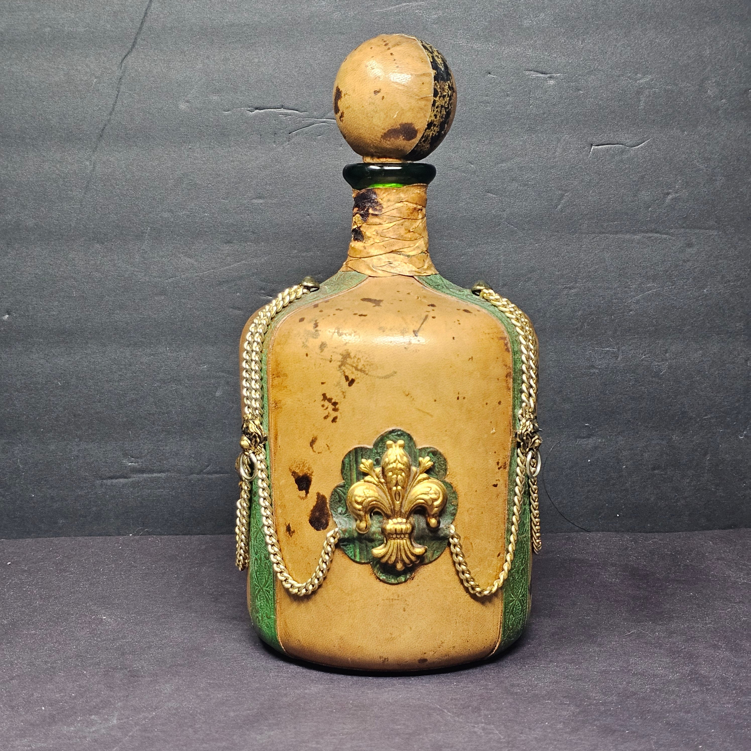 Vintage Leather Covered Decanter Bottle Italy Fleur de Lis Bar Decor