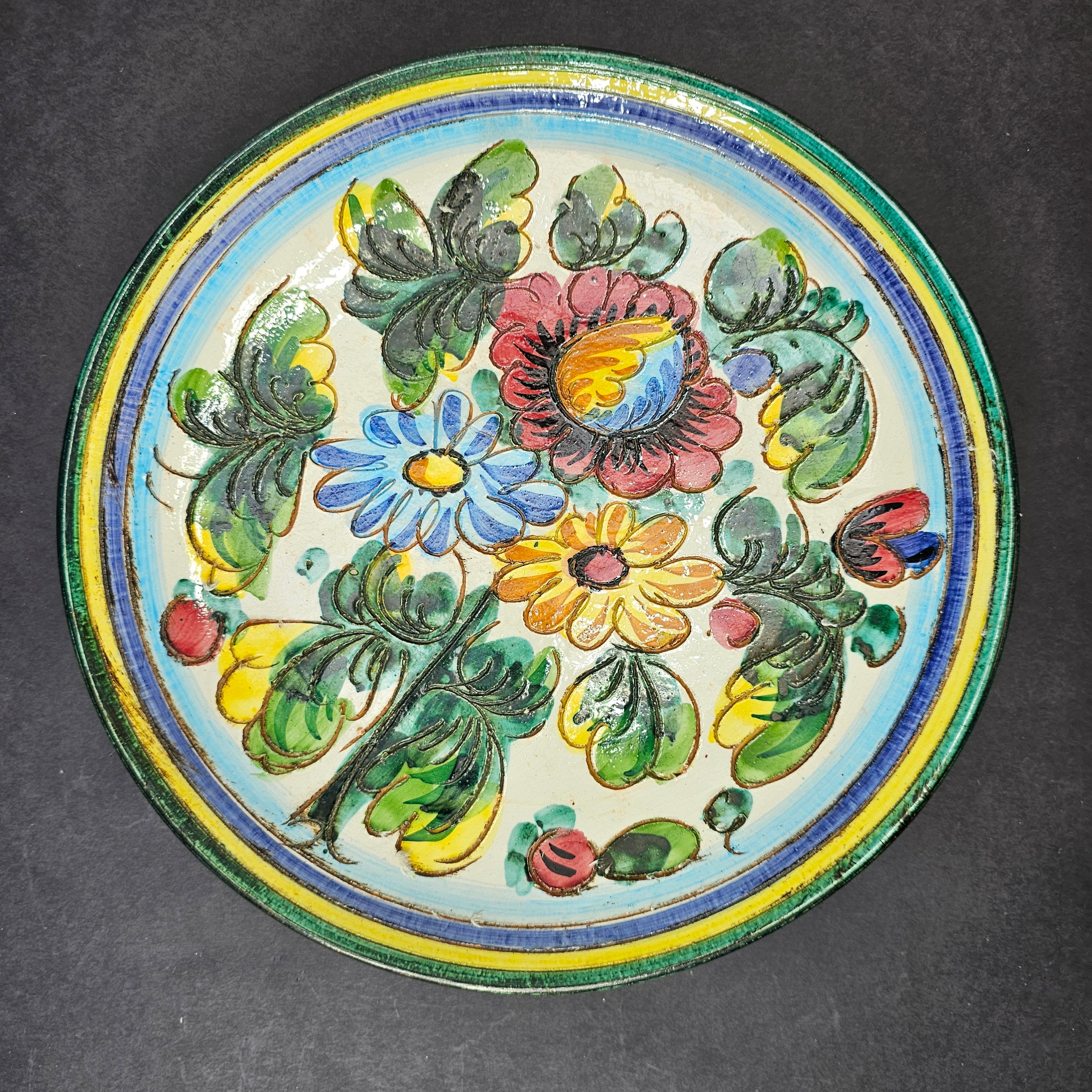 Firenze Pottery Plate Engraved Floral Wall Hanging Decor Italy 10.75"