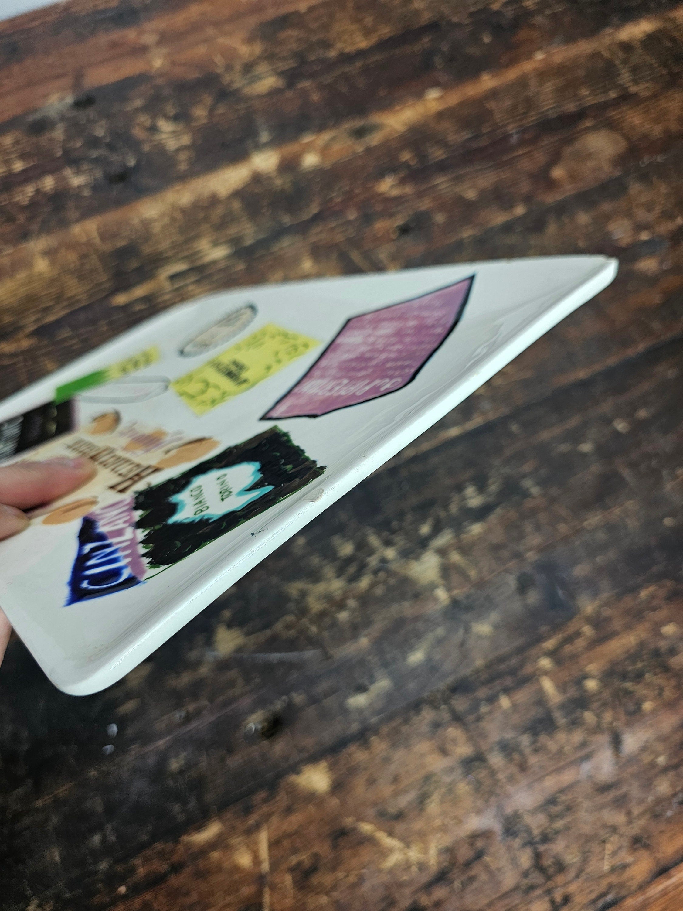 Hand-Painted Bottle Labels platter Cheese Plate Signed 13" L x 8.5" W x 1" H