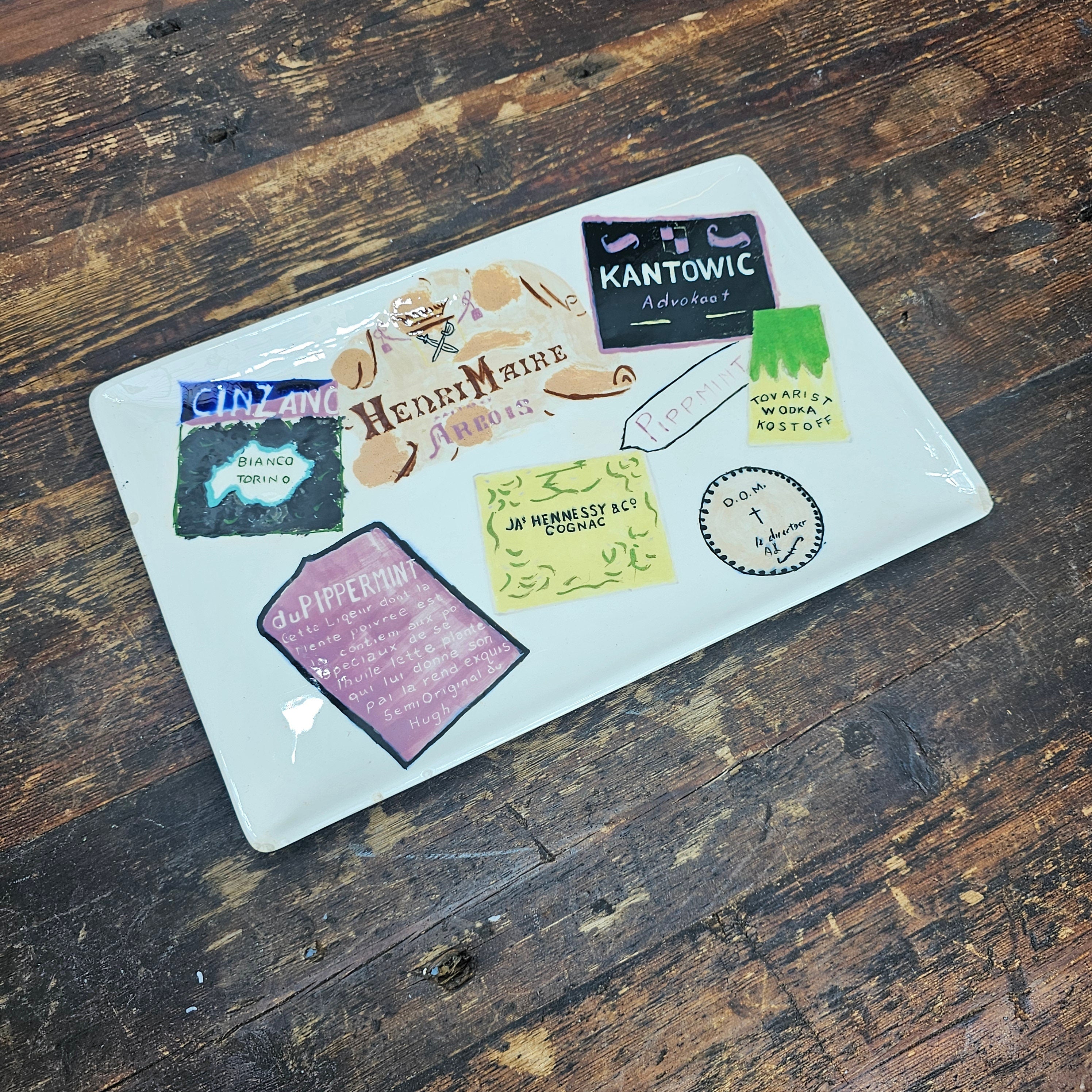 Hand-Painted Bottle Labels platter Cheese Plate Signed 13" L x 8.5" W x 1" H