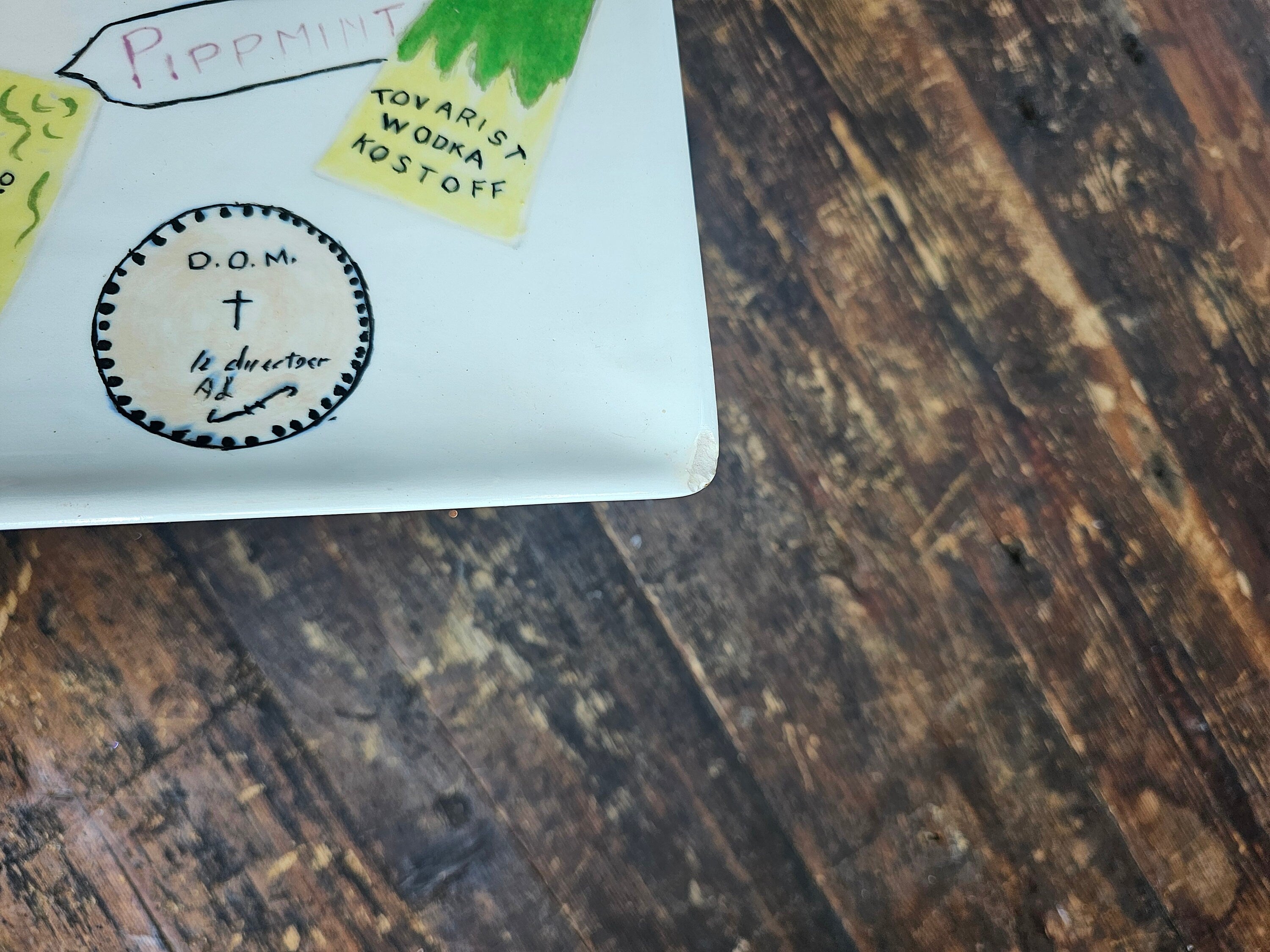 Hand-Painted Bottle Labels platter Cheese Plate Signed 13" L x 8.5" W x 1" H