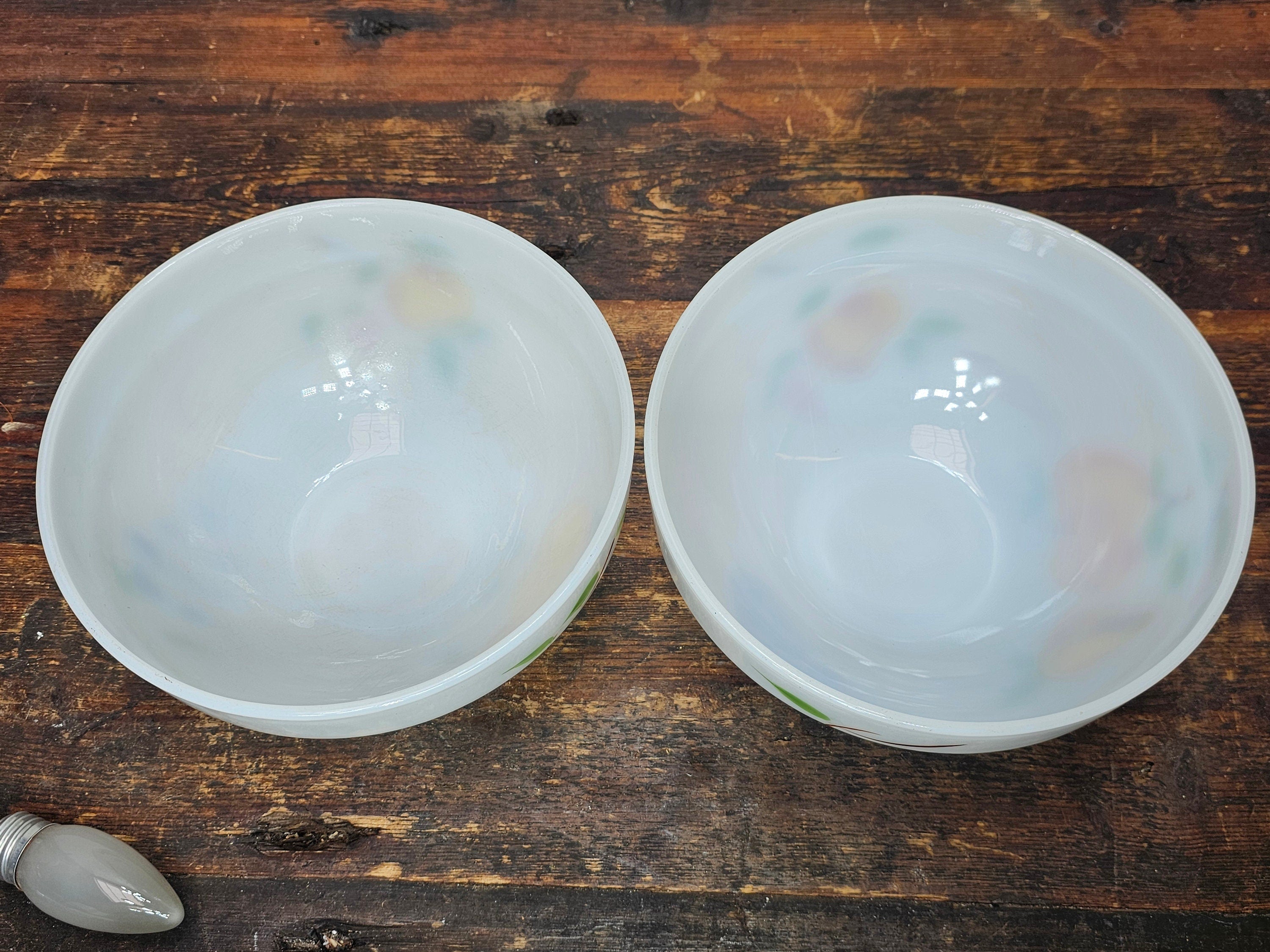 Set of 4 Fire King Gay Fad Fruit Pattern Mixing Bowls 2 Large & 2 Medium Bowls