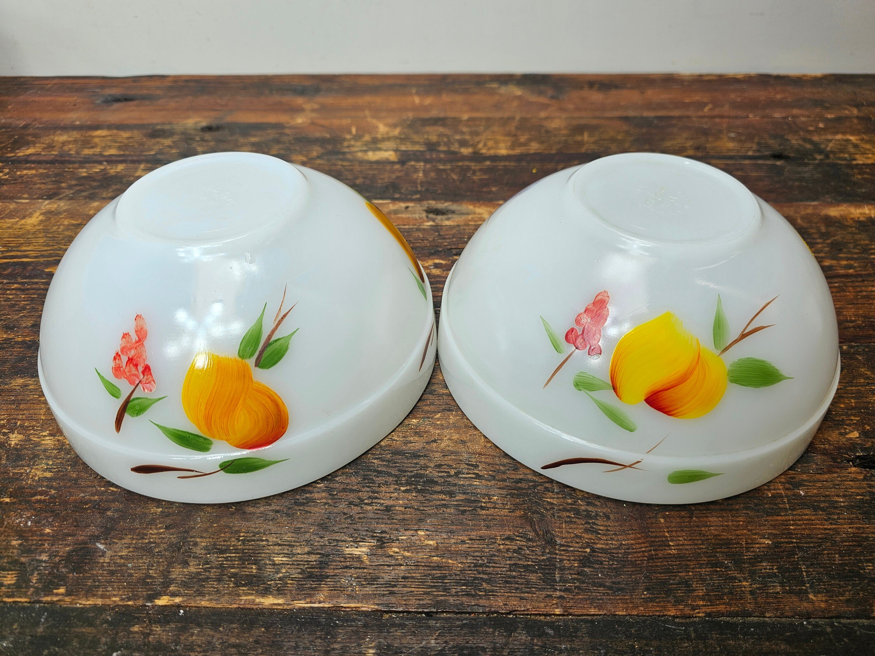 Set of 4 Fire King Gay Fad Fruit Pattern Mixing Bowls 2 Large & 2 Medium Bowls