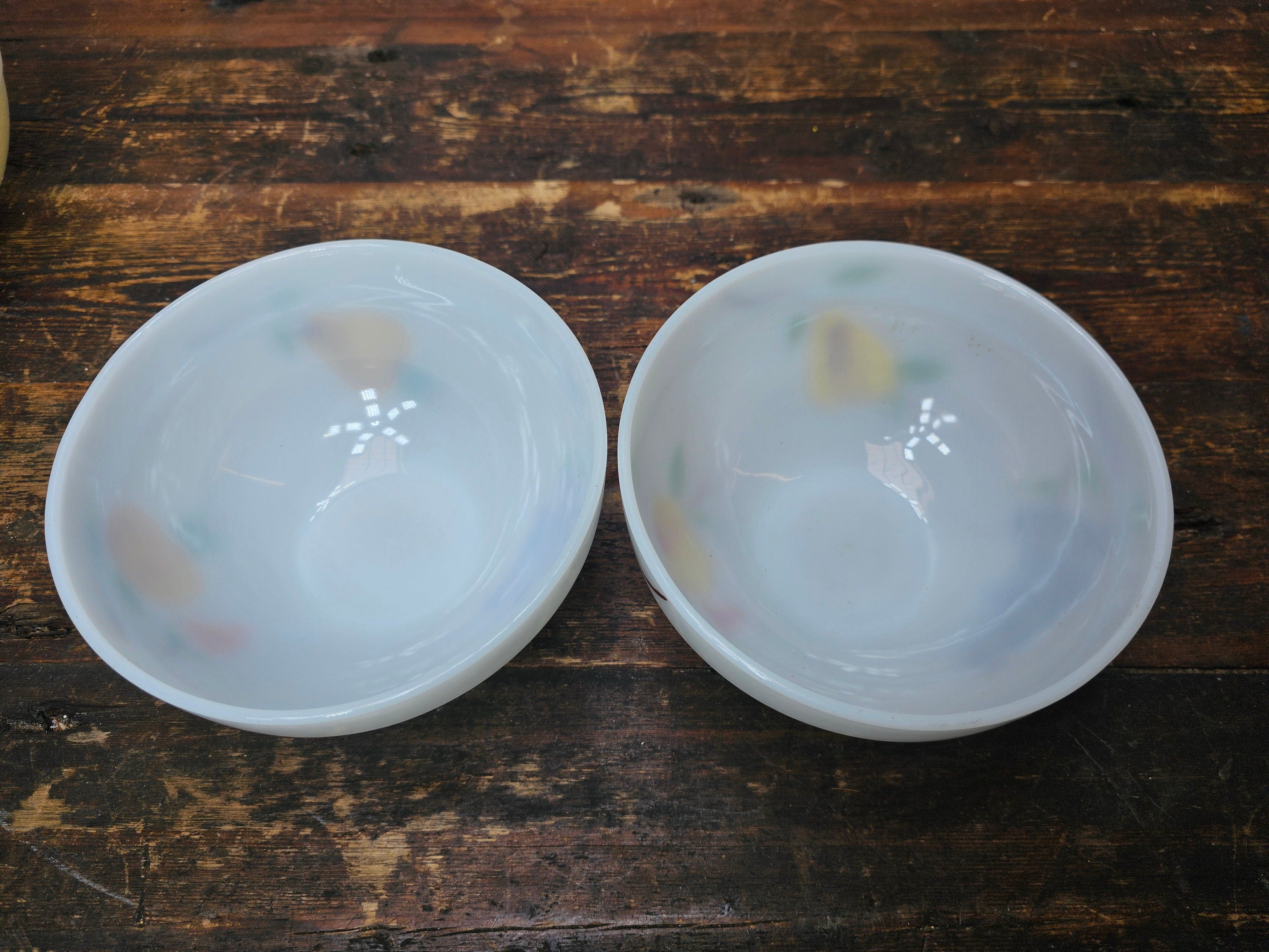 Set of 4 Fire King Gay Fad Fruit Pattern Mixing Bowls 2 Large & 2 Medium Bowls