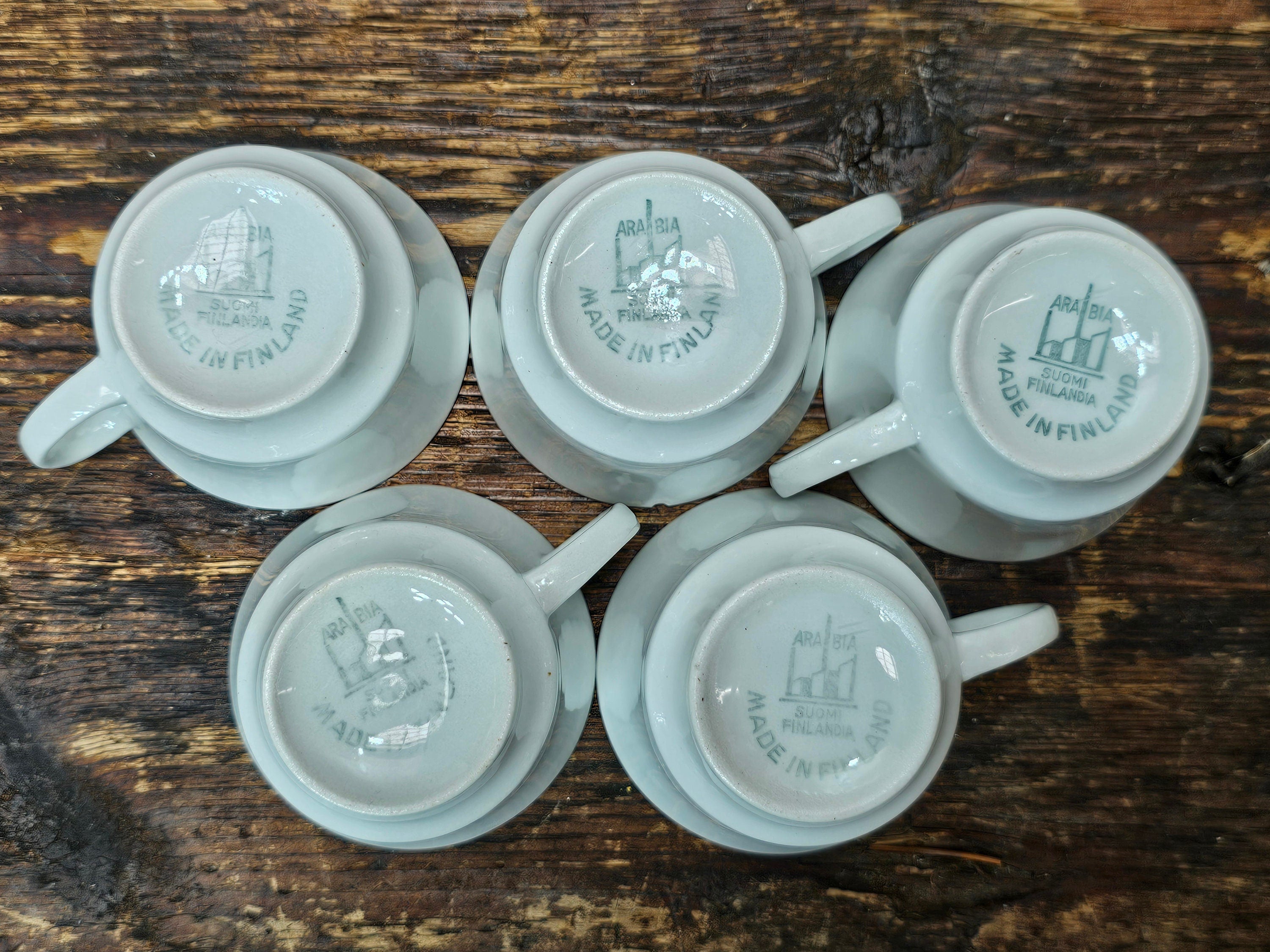 Arabia Suomi Finland Green Band Ribbons White Demitasse Cup & Saucer + Teapot