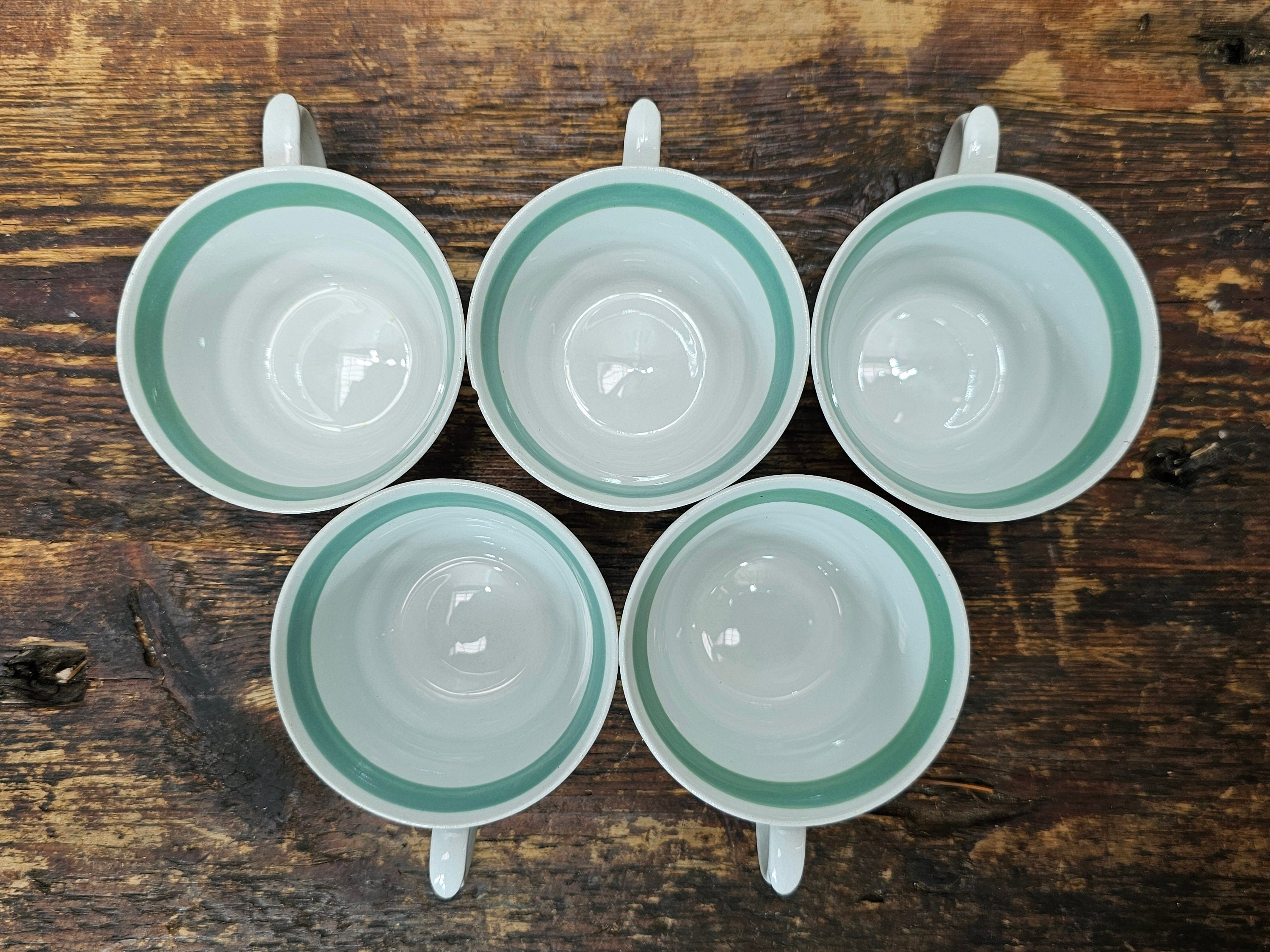 Arabia Suomi Finland Green Band Ribbons White Demitasse Cup & Saucer + Teapot